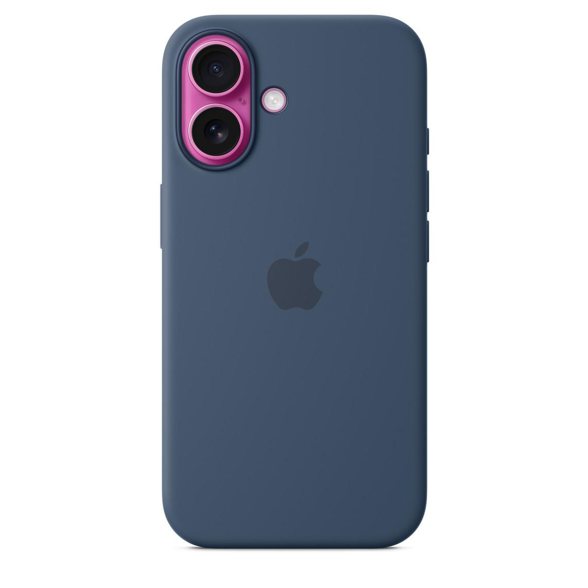 Eine blaue Handyhülle. Die Hülle hat einen Kameraausschnitt und ein dezentes Apple-Logo auf der Rückseite.