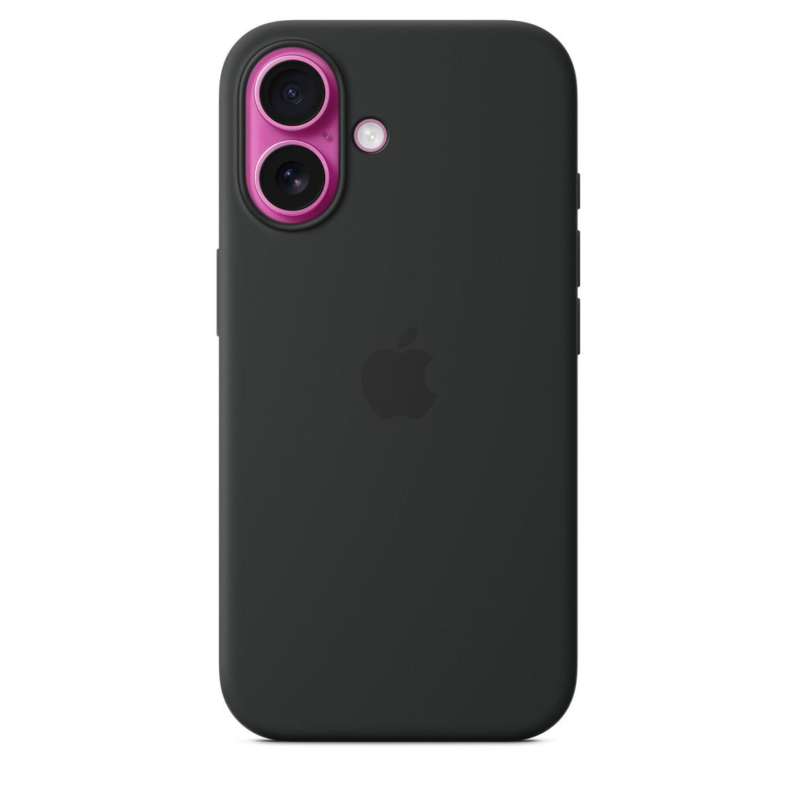 Schwarze Handyhülle mit rosa Kameraringen und Apple-Logo.