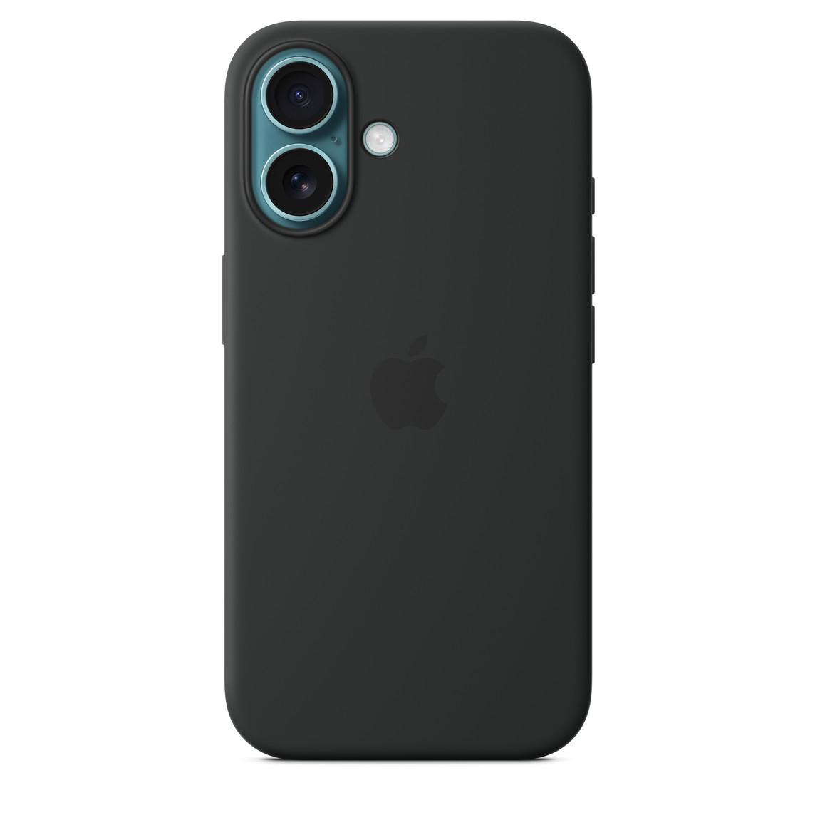 Ein schwarzes iPhone mit schwarzer Hülle und Kameraanordnung. Das Apple-Logo ist zentriert.