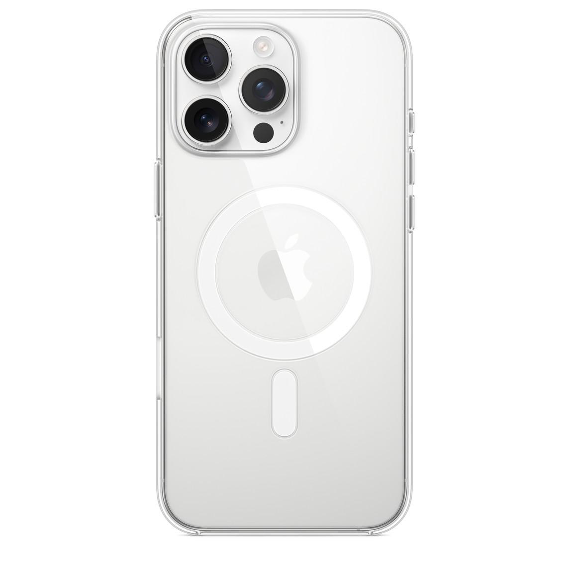 Transparente Hülle auf der Rückseite eines weißen iPhones, MagSafe-Kreis sichtbar.