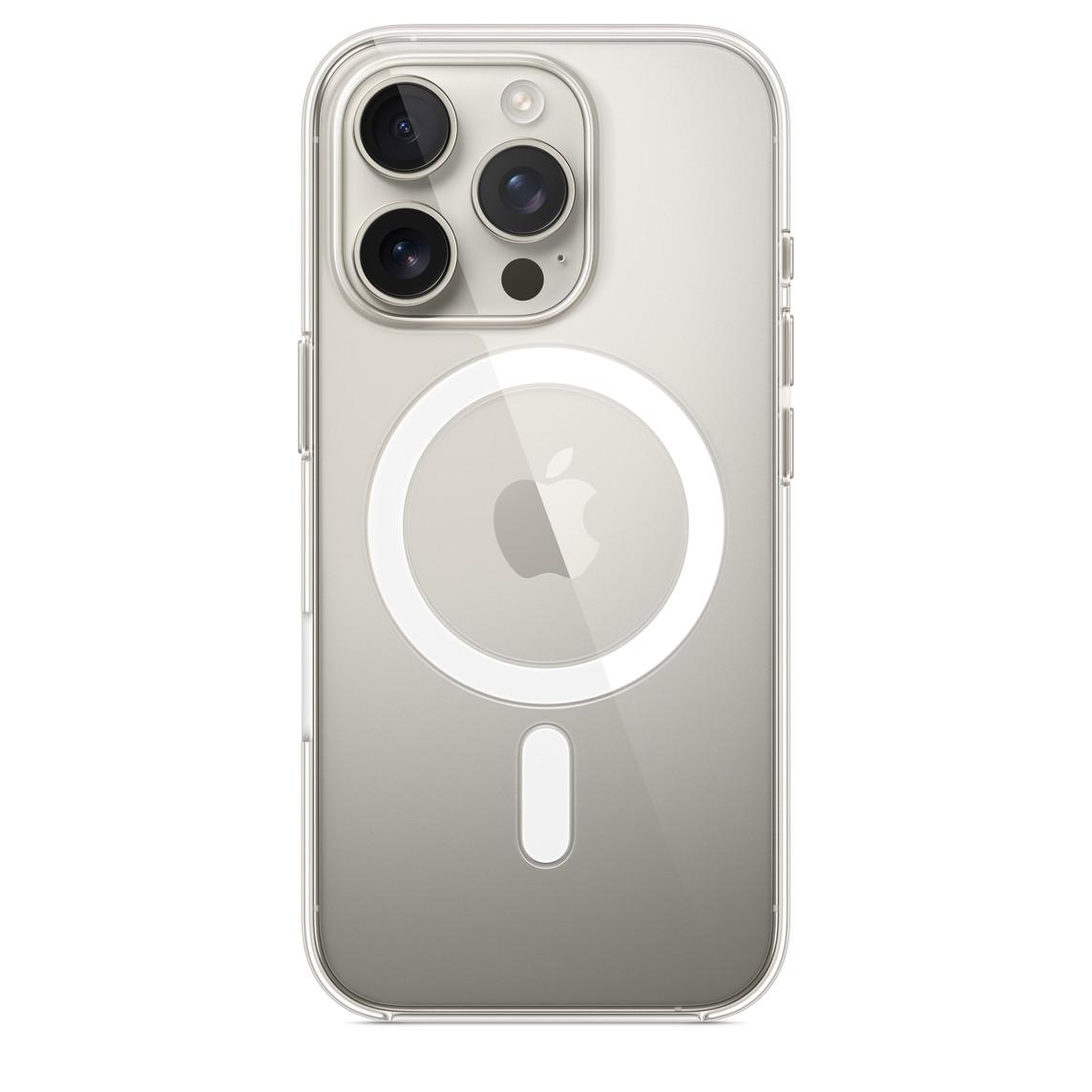 iPhone-Hülle mit transparentem Rücken, zeigt einen MagSafe-Kreis und ein Apple-Logo.