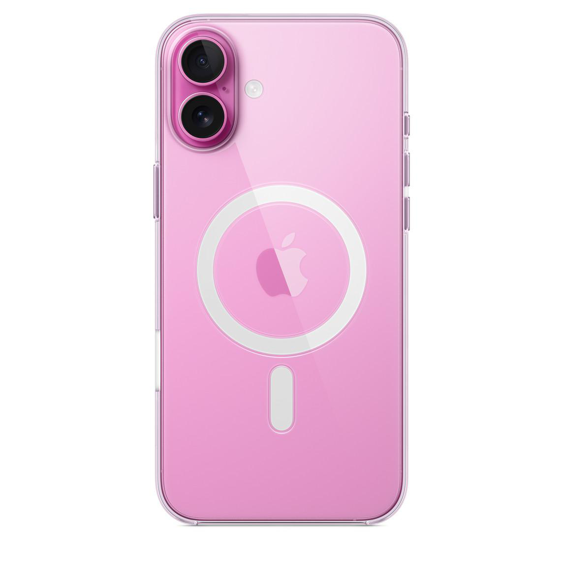Rosa iPhone-Hülle mit Apple-Logo und Kreis für kabelloses Laden.