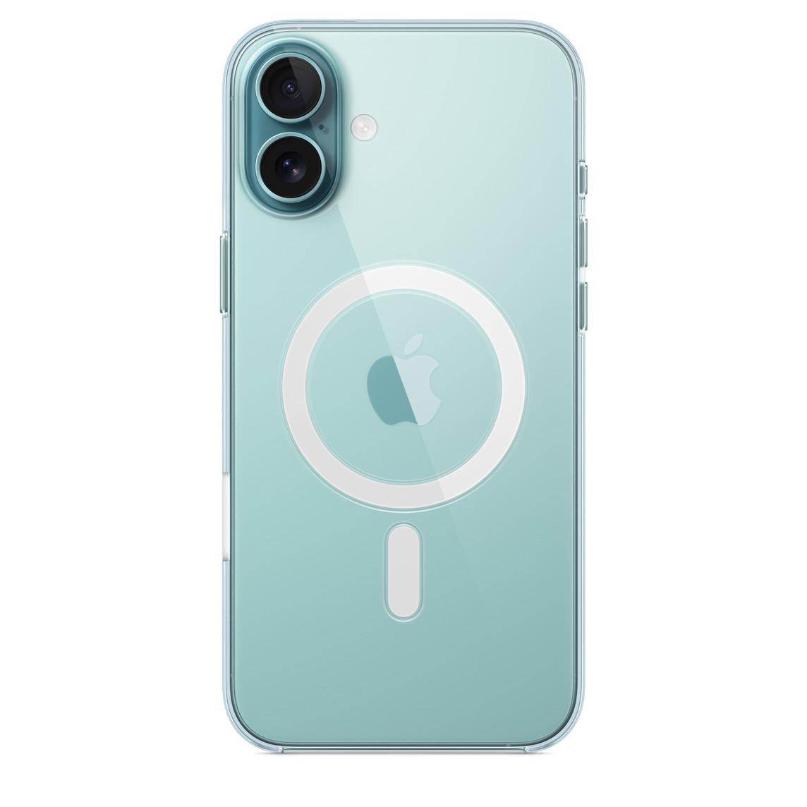 Ein grünes iPhone mit einer transparenten Hülle, die einen weißen, kreisförmigen Magneten in der Mitte hat.