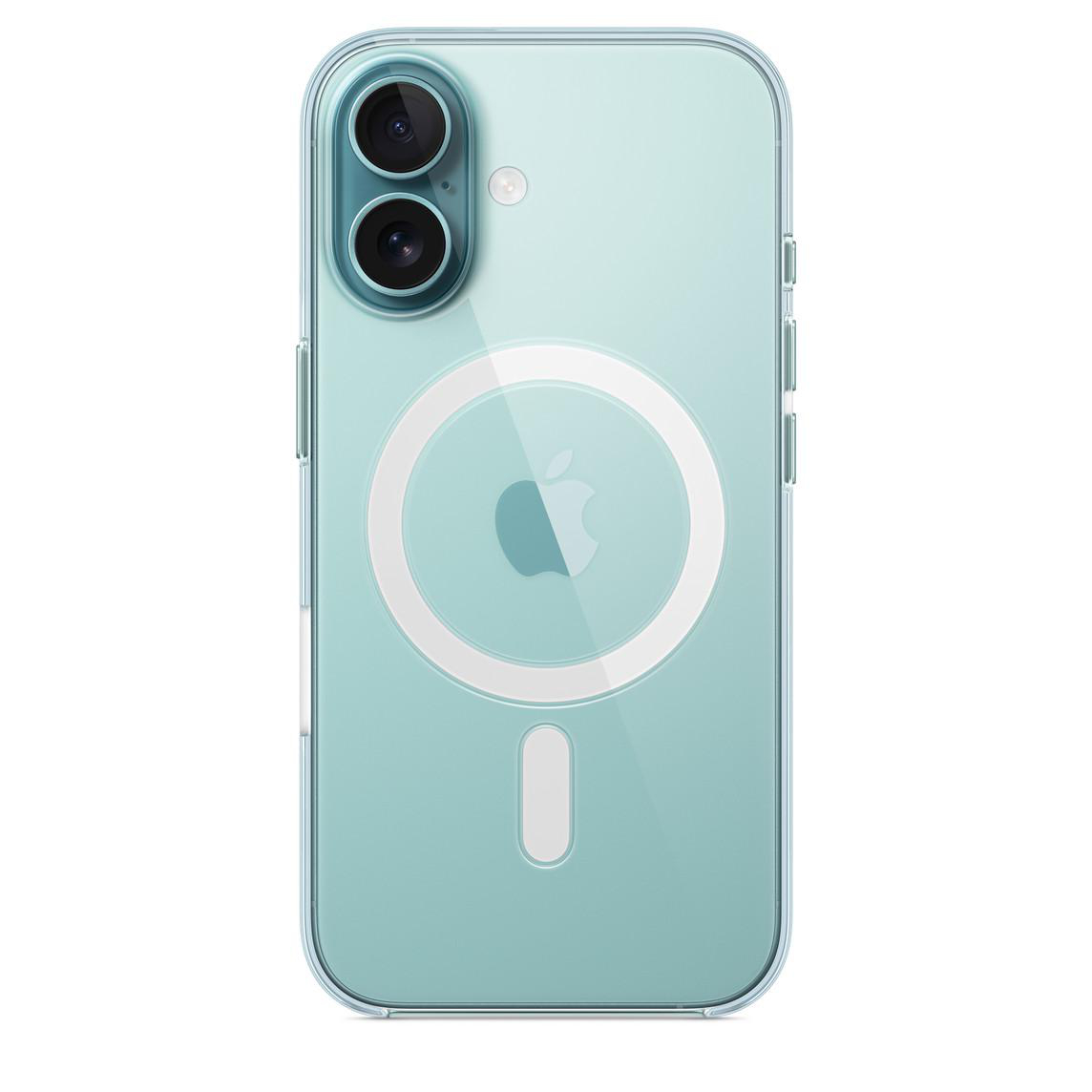 Eine transparente Handyhülle mit einem blau-grünen Telefon, einem weißen Kreis und MagSafe.