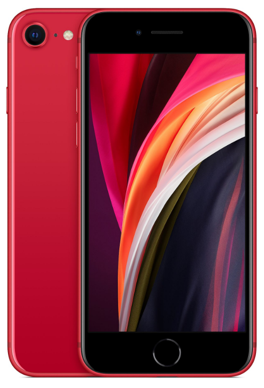 Kırmızı iPhone SE, ön ve arka görünüm. Renkli ve yuvarlak kenarlı siyah ekran.