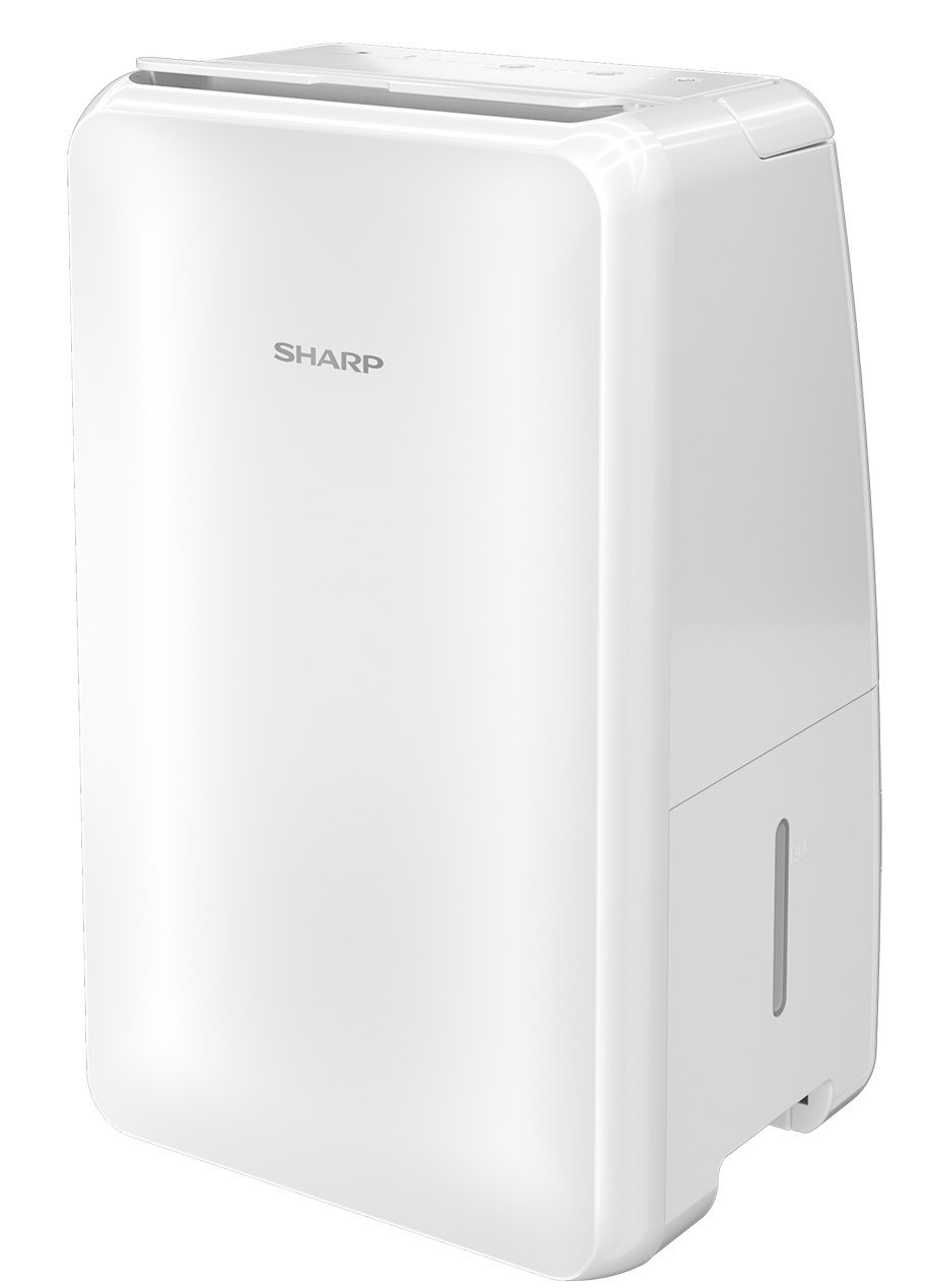 Biały osuszacz powietrza z logo SHARP na białym tle.