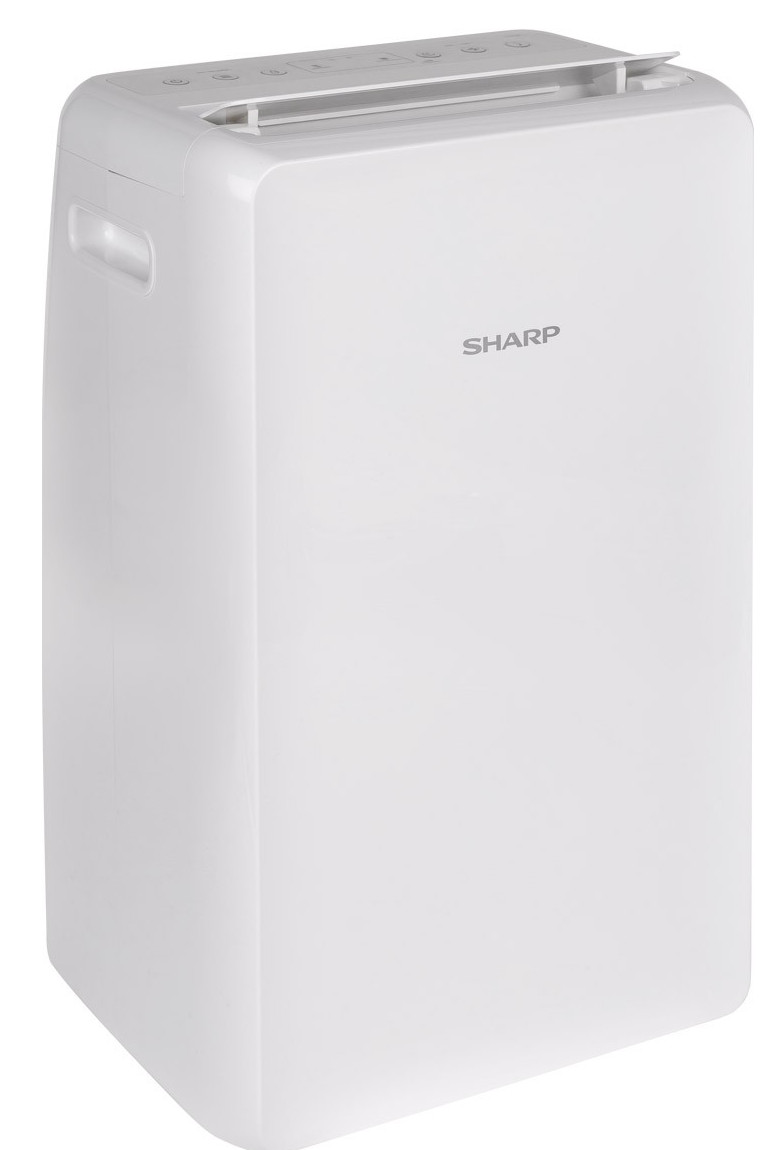 Biały oczyszczacz powietrza Sharp, wysoki i prostokątny, z panelem sterowania na górze.