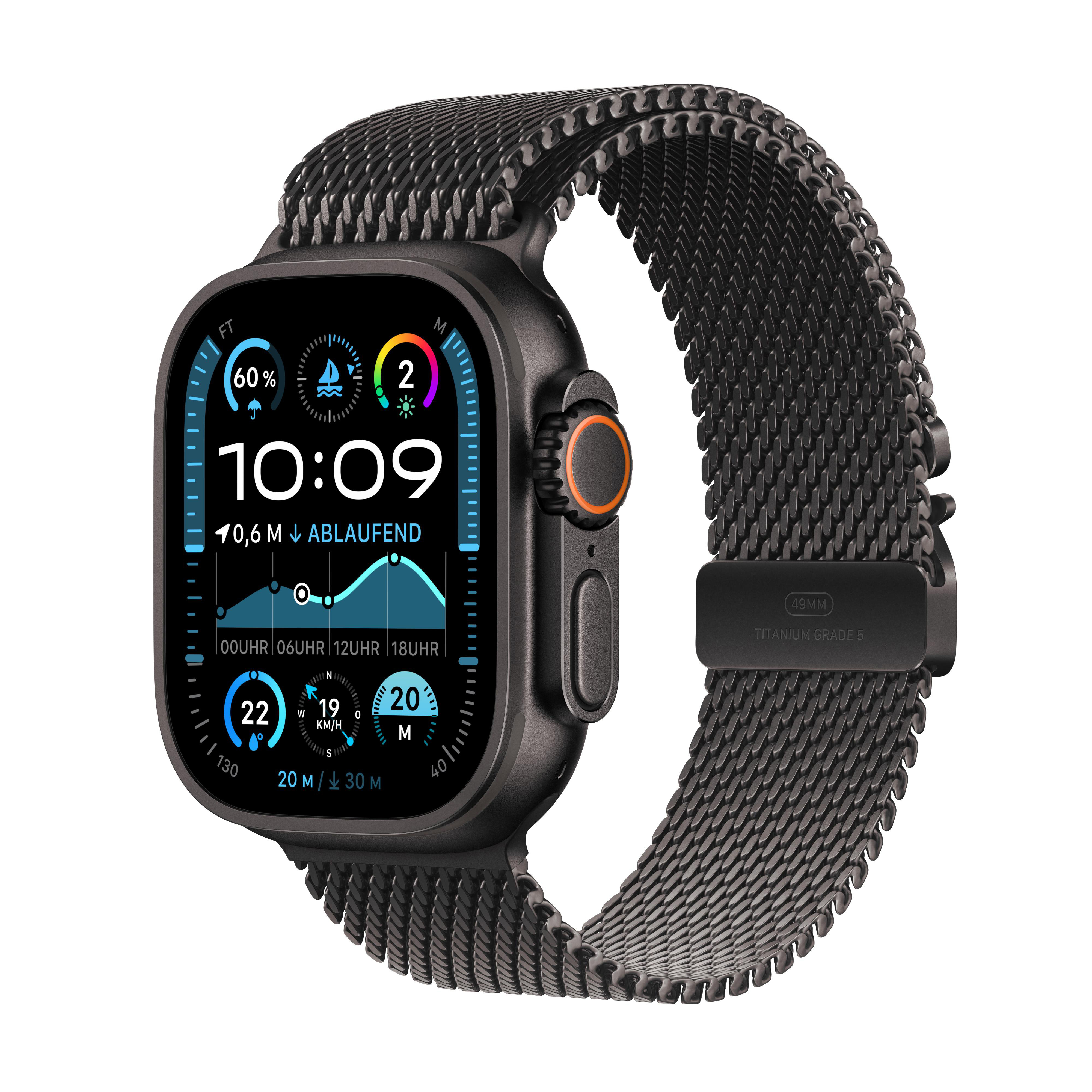 Schwarze Apple Watch Ultra mit grauem Armband, zeigt Daten an. Die Uhr zeigt 10:09.