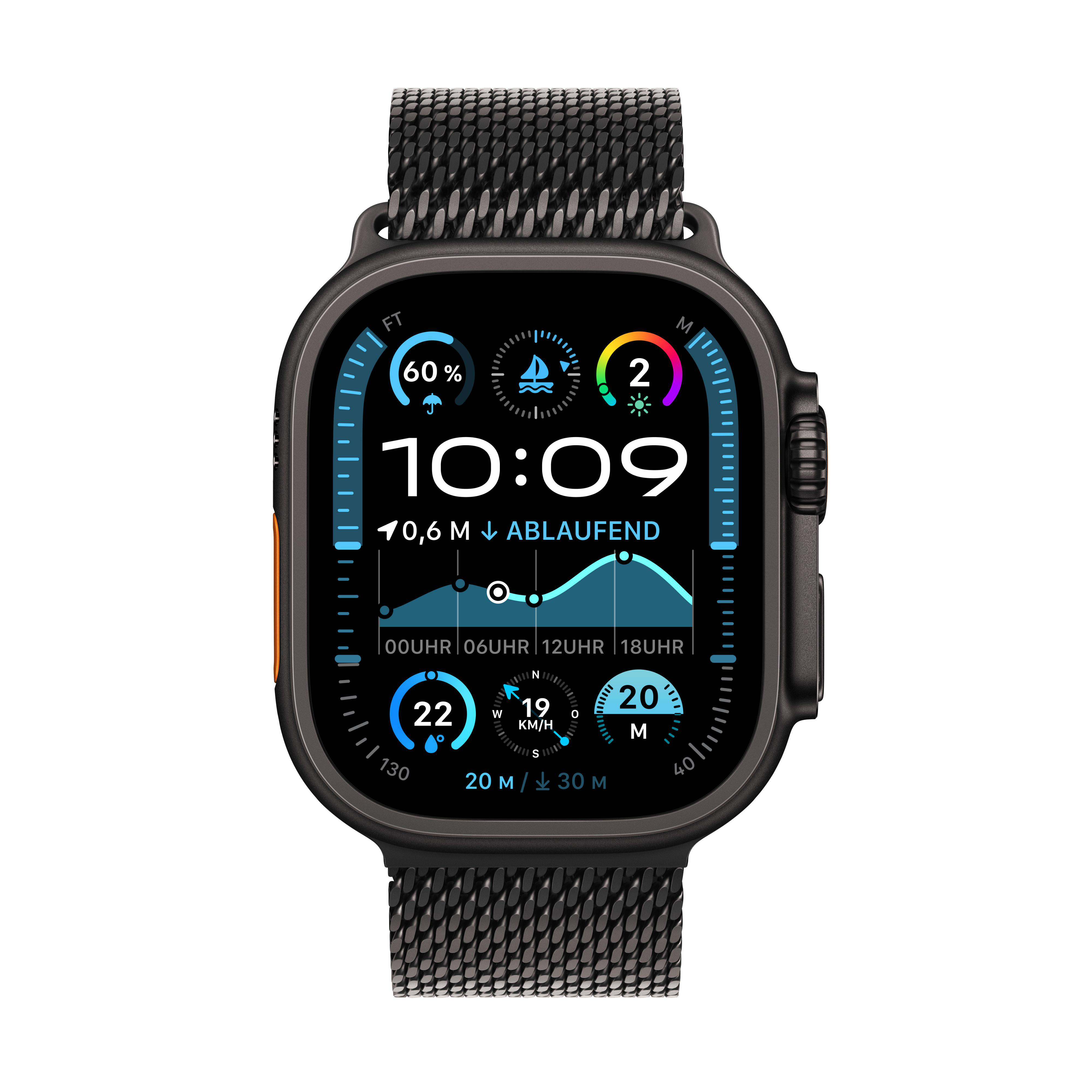 Eine schwarze Smartwatch mit Mesh-Armband, die Metriken anzeigt. Die Uhrzeit ist 10:09.