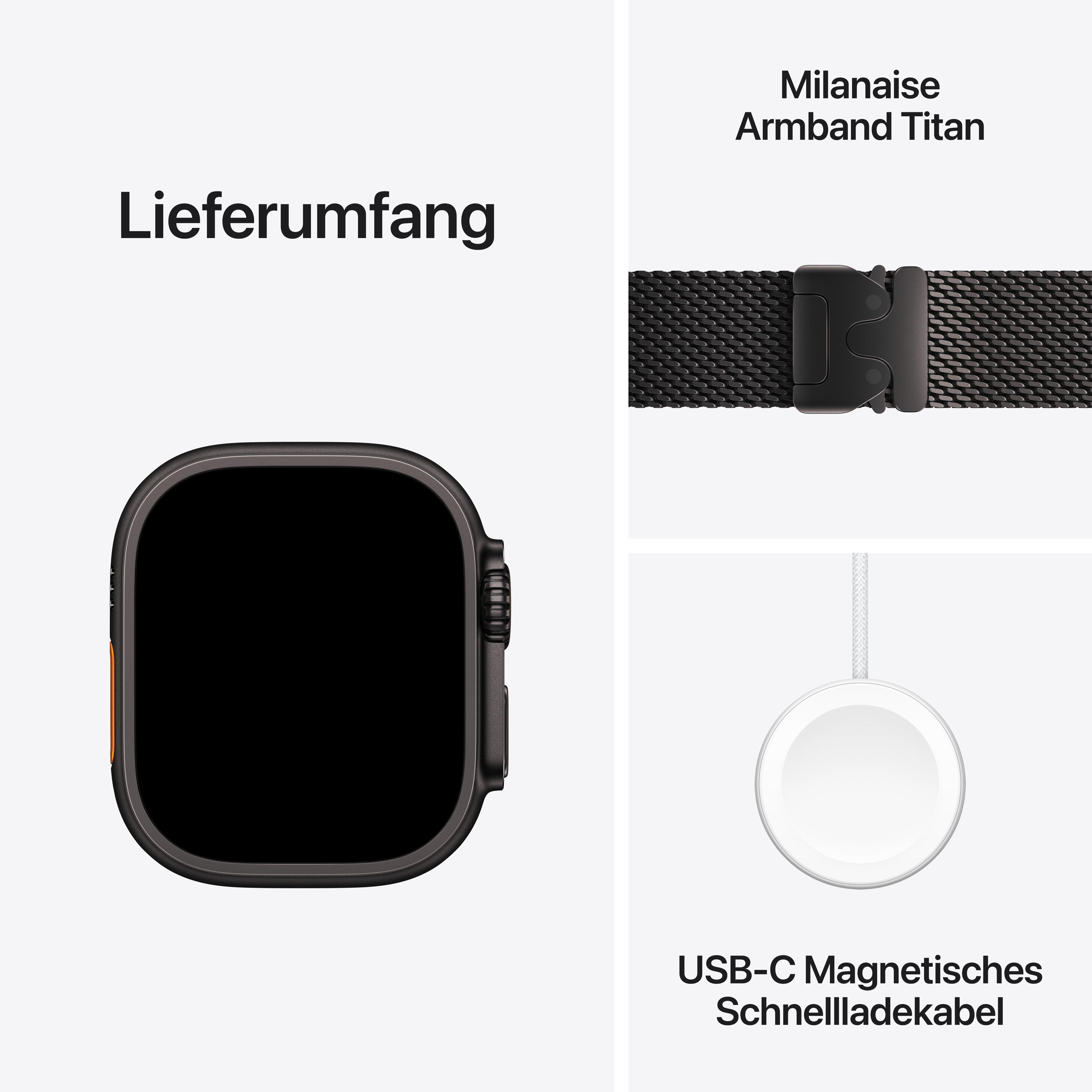 Apple Watch, Milanese Armband, und USB-C magnetisches Ladekabel auf Weiß.