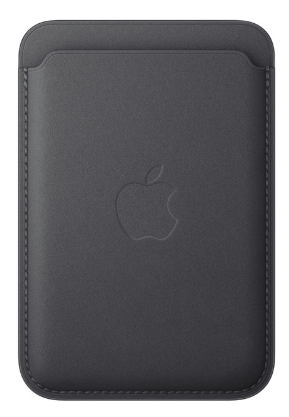 Ciemnoszary skórzany portfel Apple z wytłoczonym logo Apple na białym tle.