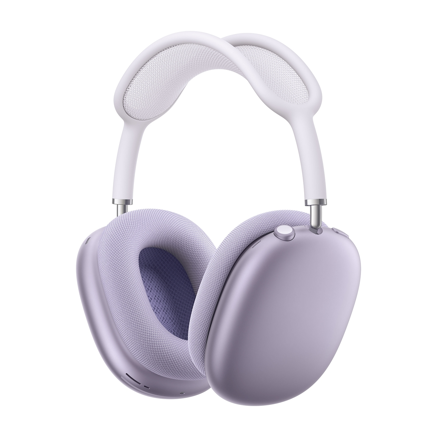 Cuffie Apple AirPods Max viola su bianco. Padiglioni viola, fascia bianca.