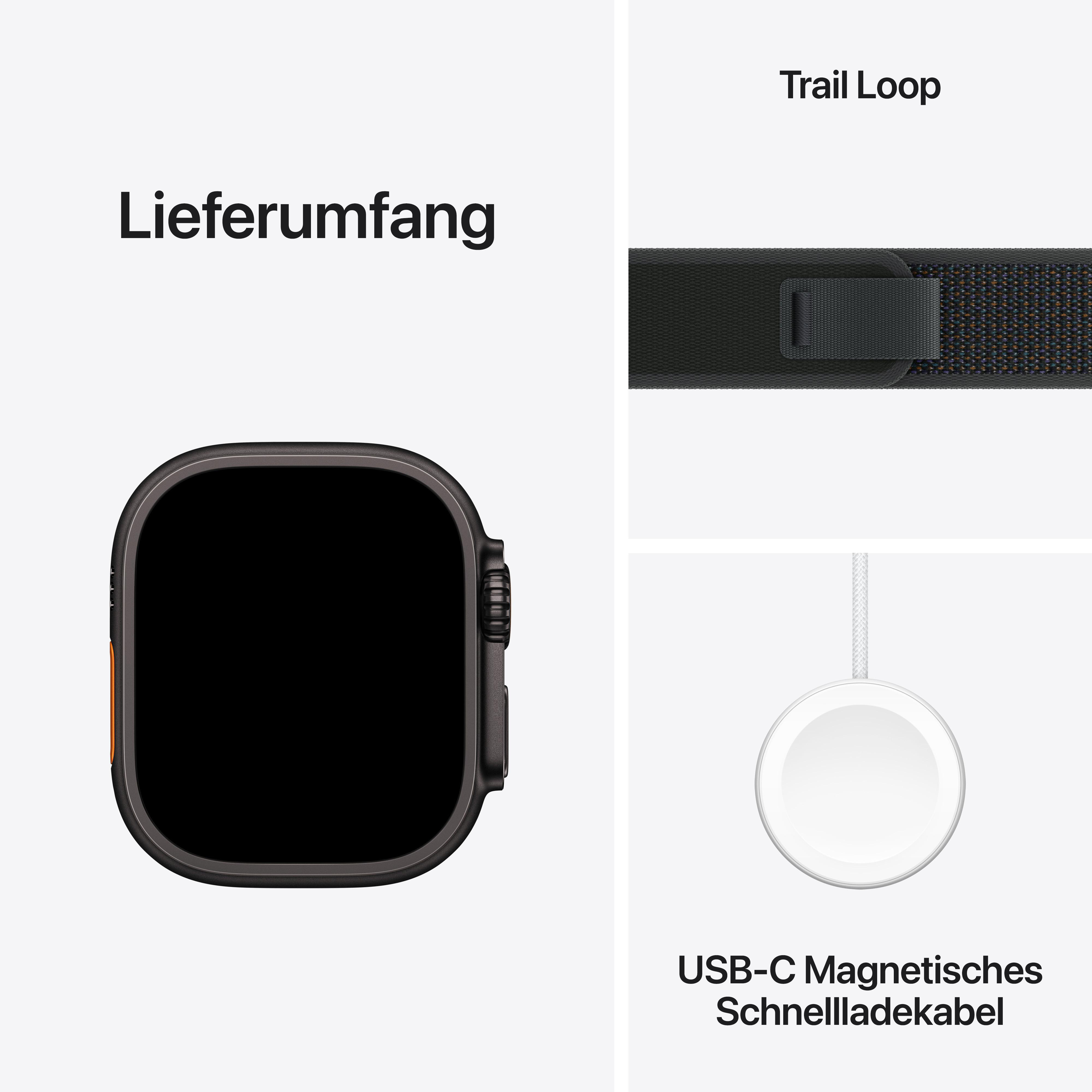 Apple Watch Komponenten: Uhr, Trail Loop und USB-C magnetisches Schnellladekabel.