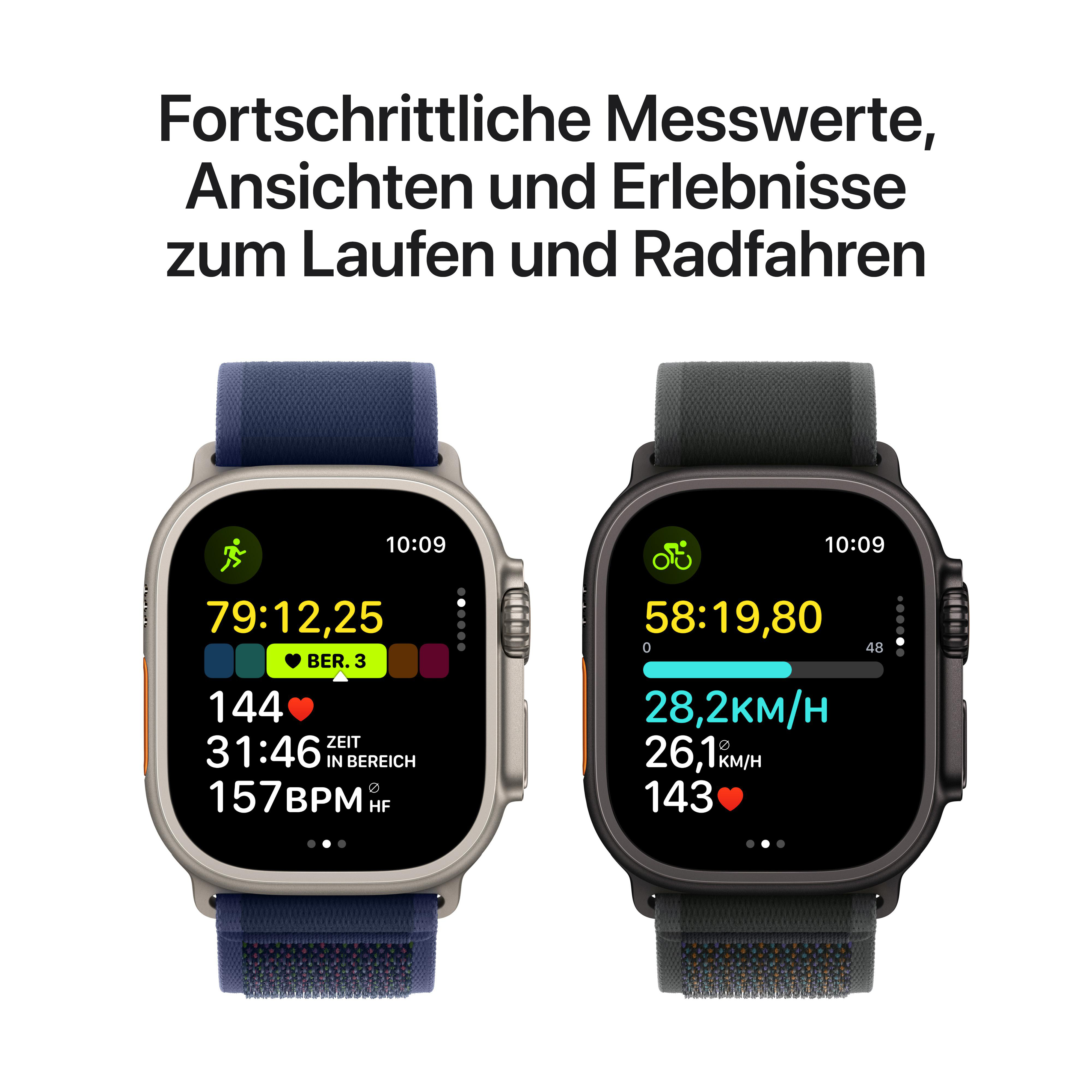Zwei Smartwatches mit Lauf-/Radfahrdaten: Zeit, Herzfrequenz und Geschwindigkeit.