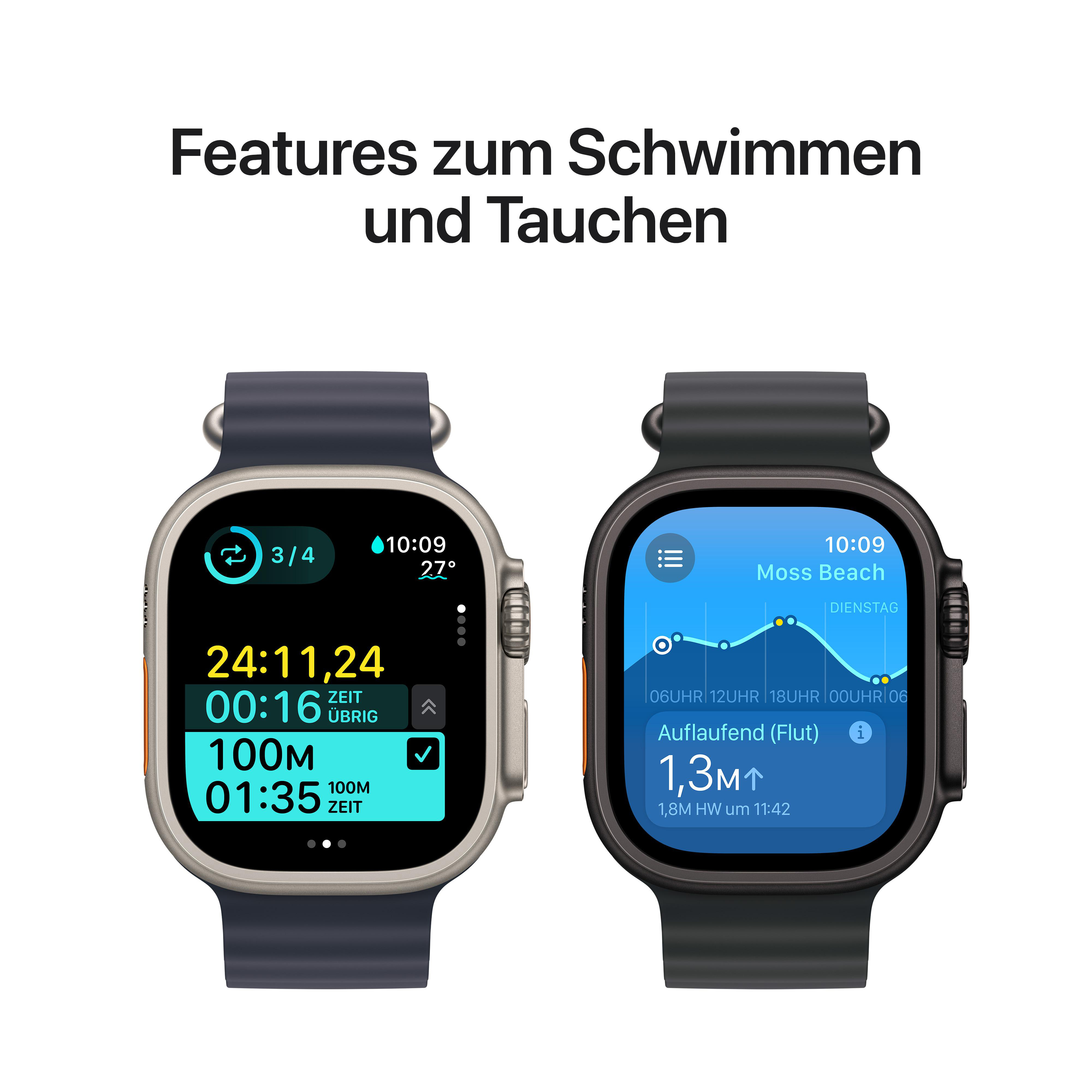 Zwei Smartwatches, Text oben: Funktionen zum Schwimmen und Tauchen. Beide Uhren zeigen Daten an.