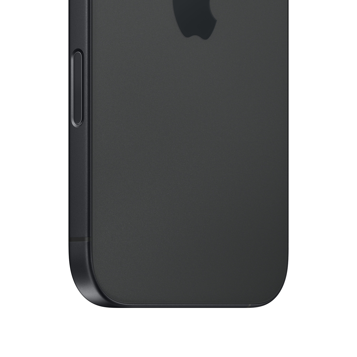 Gros plan d'un iPhone noir avec le logo Apple au dos et un bouton latéral.