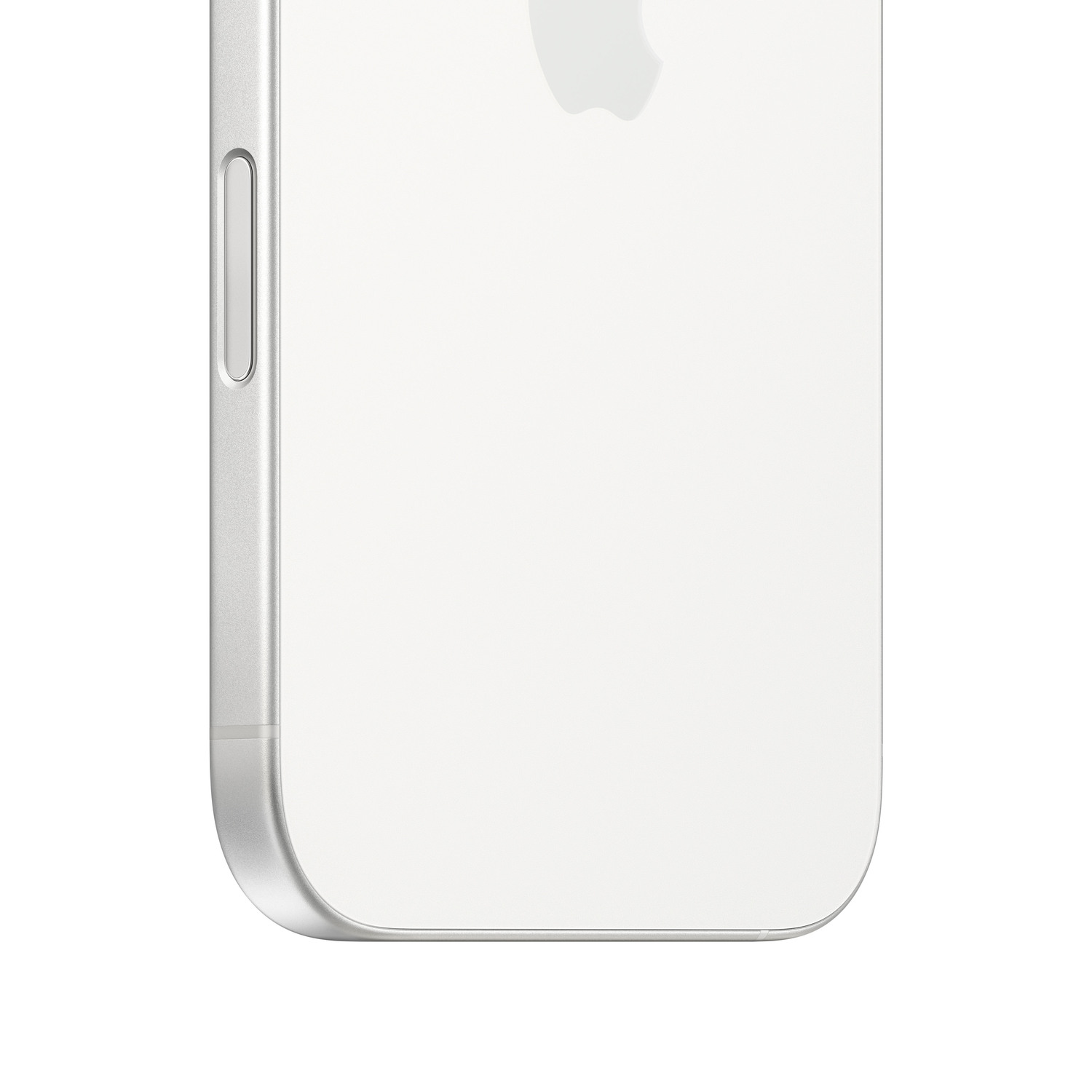 Gros plan d'un iPhone argenté avec le logo Apple visible. Le côté montre un bouton et un bord incurvé.