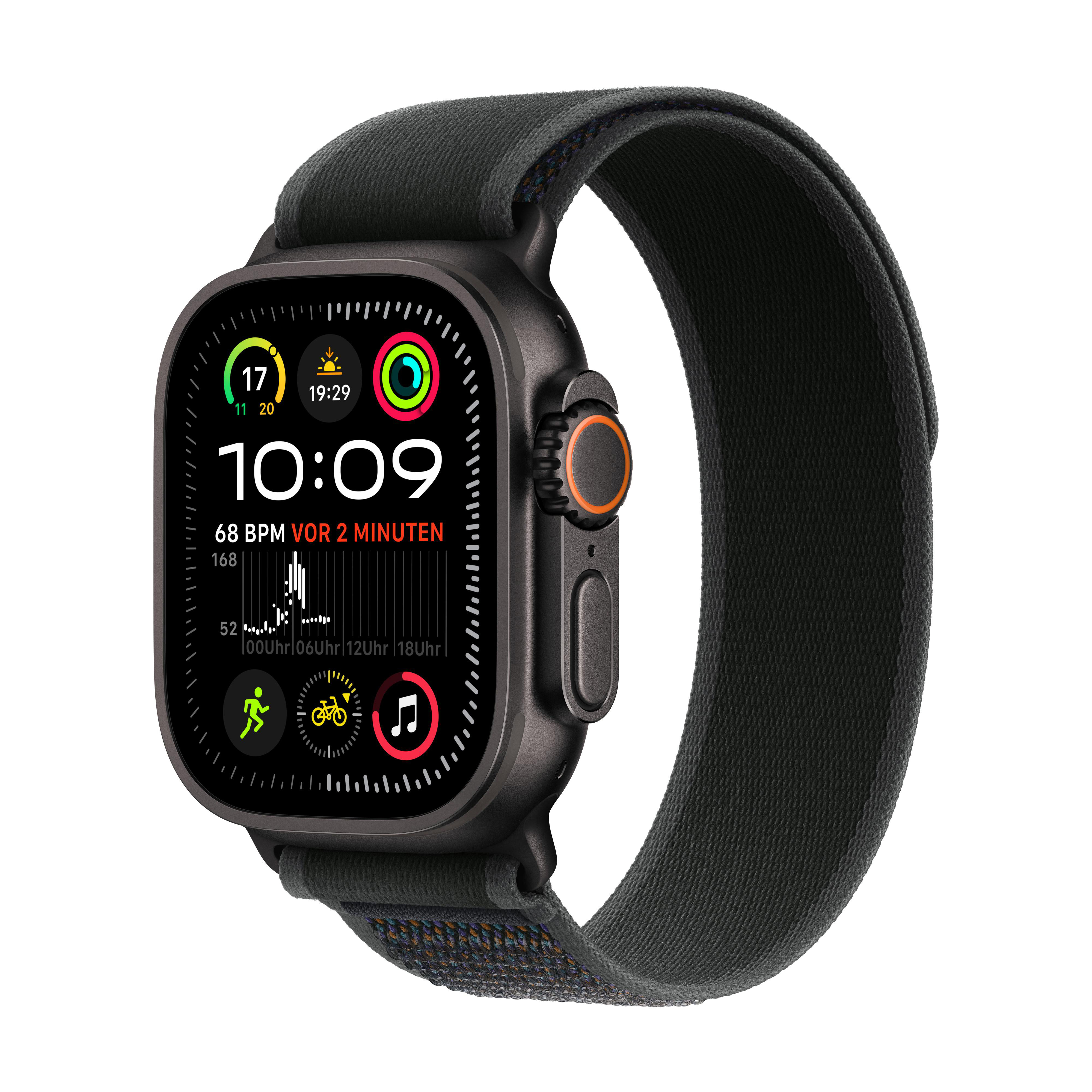 Apple Watch Ultra mit schwarzem Armband. Die Uhrzeit ist 10:09. Viele Metriken werden angezeigt.