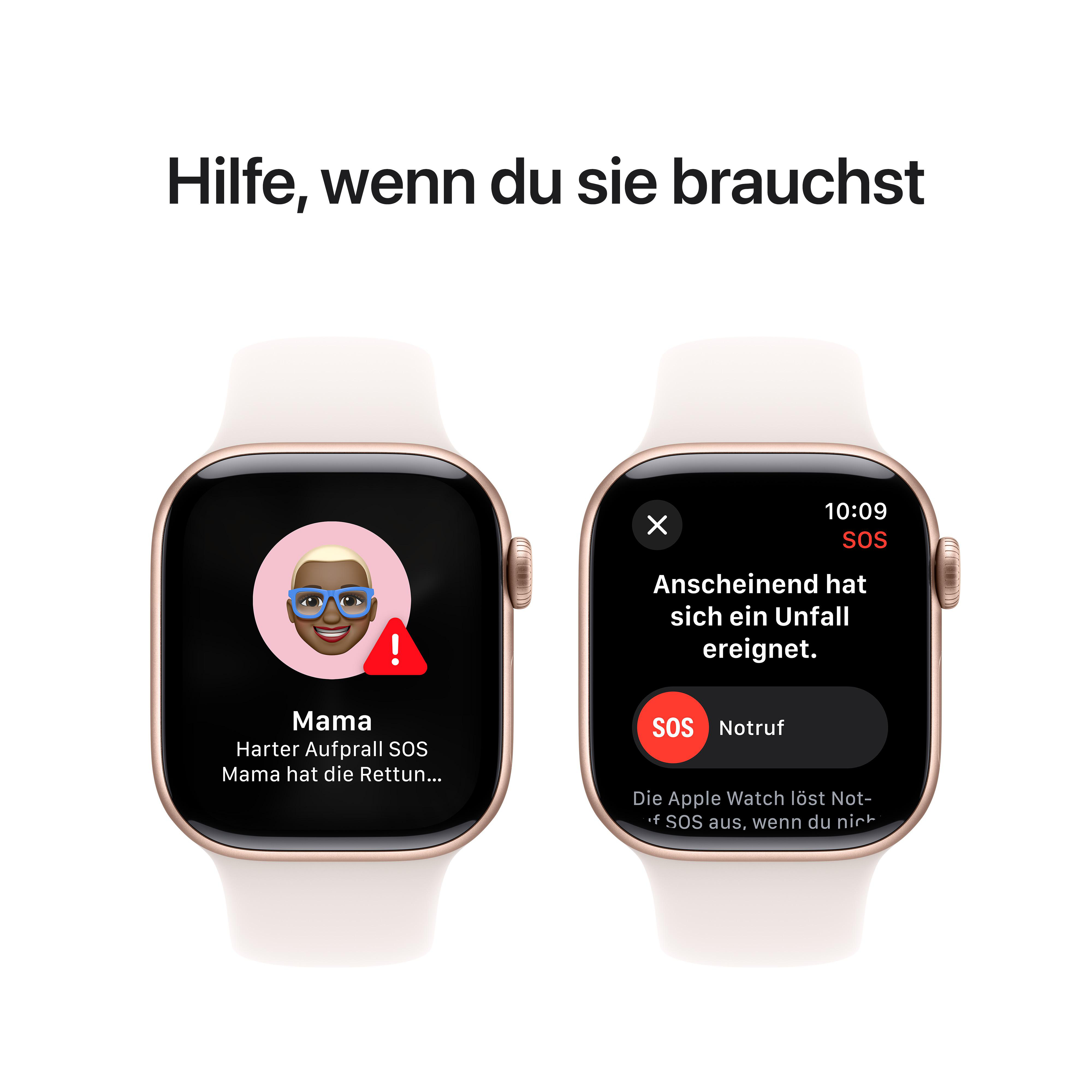 Zwei Smartwatches zeigen Notrufe an. Text: Hilfe, wenn du sie brauchst.