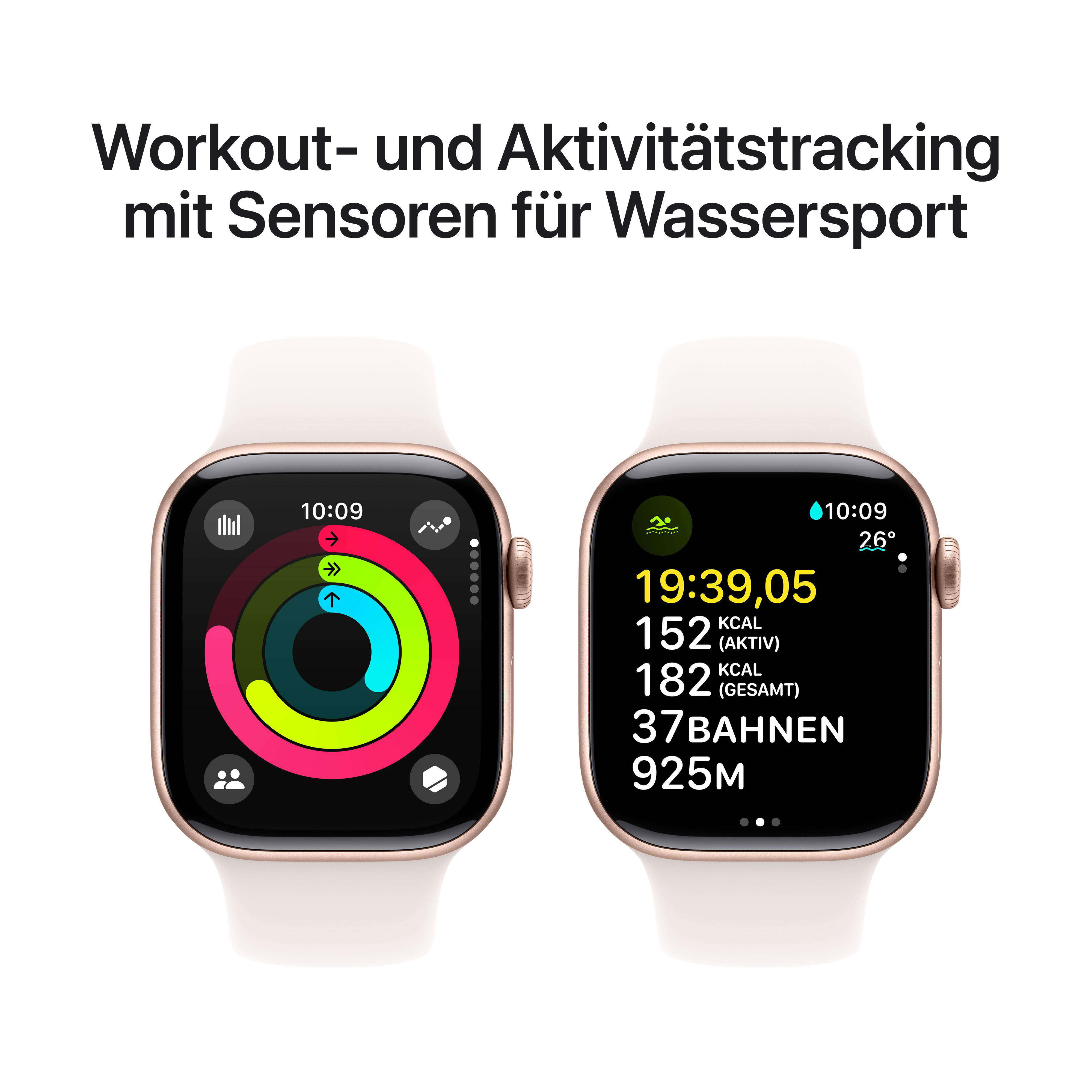 Zwei Apple Watches, die Trainingsmetriken anzeigen. Weiße Armbänder und schwarze Bildschirme.