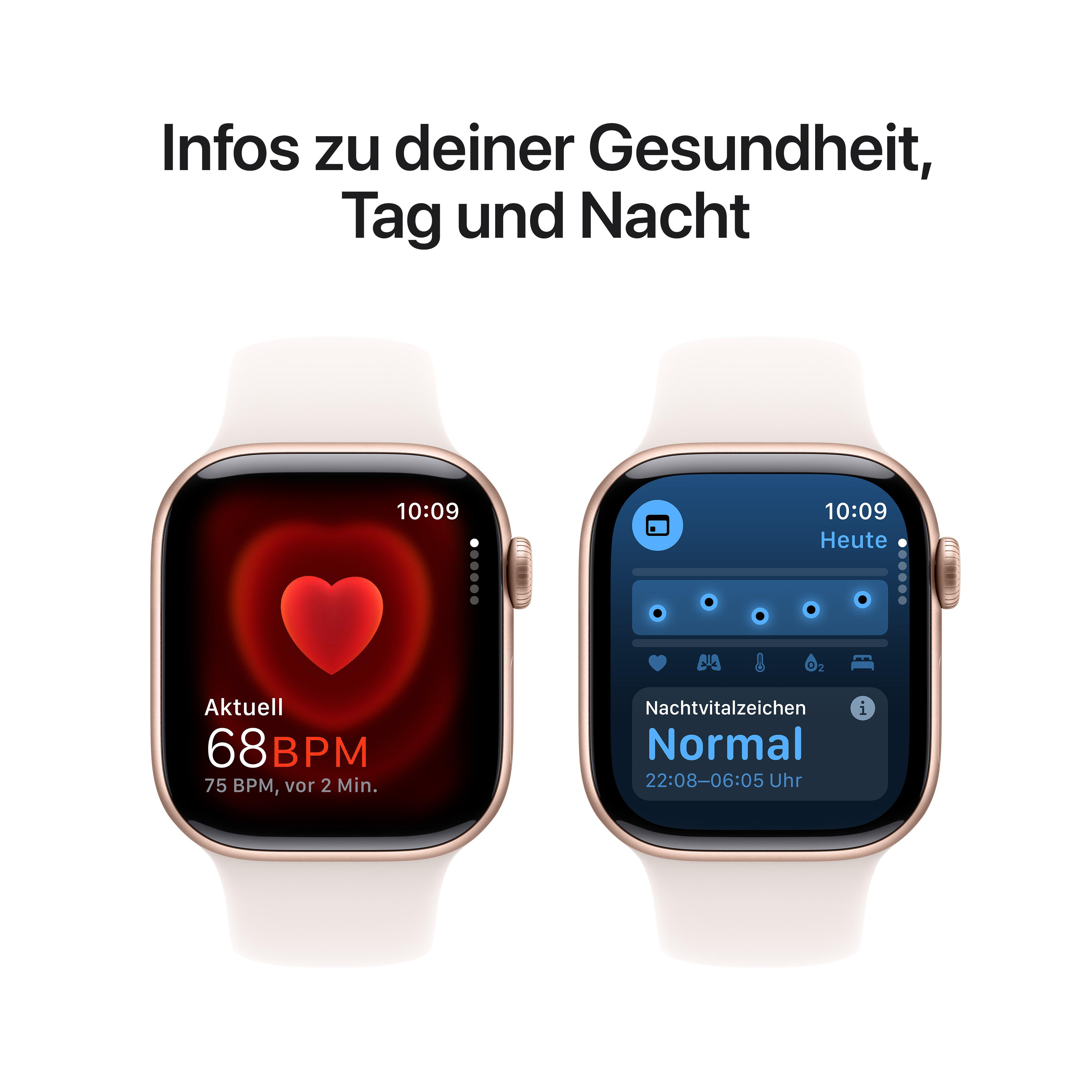 Zwei Smartwatches zeigen Gesundheitsinfos, eine Herzfrequenz, die andere Gesundheitsdaten.