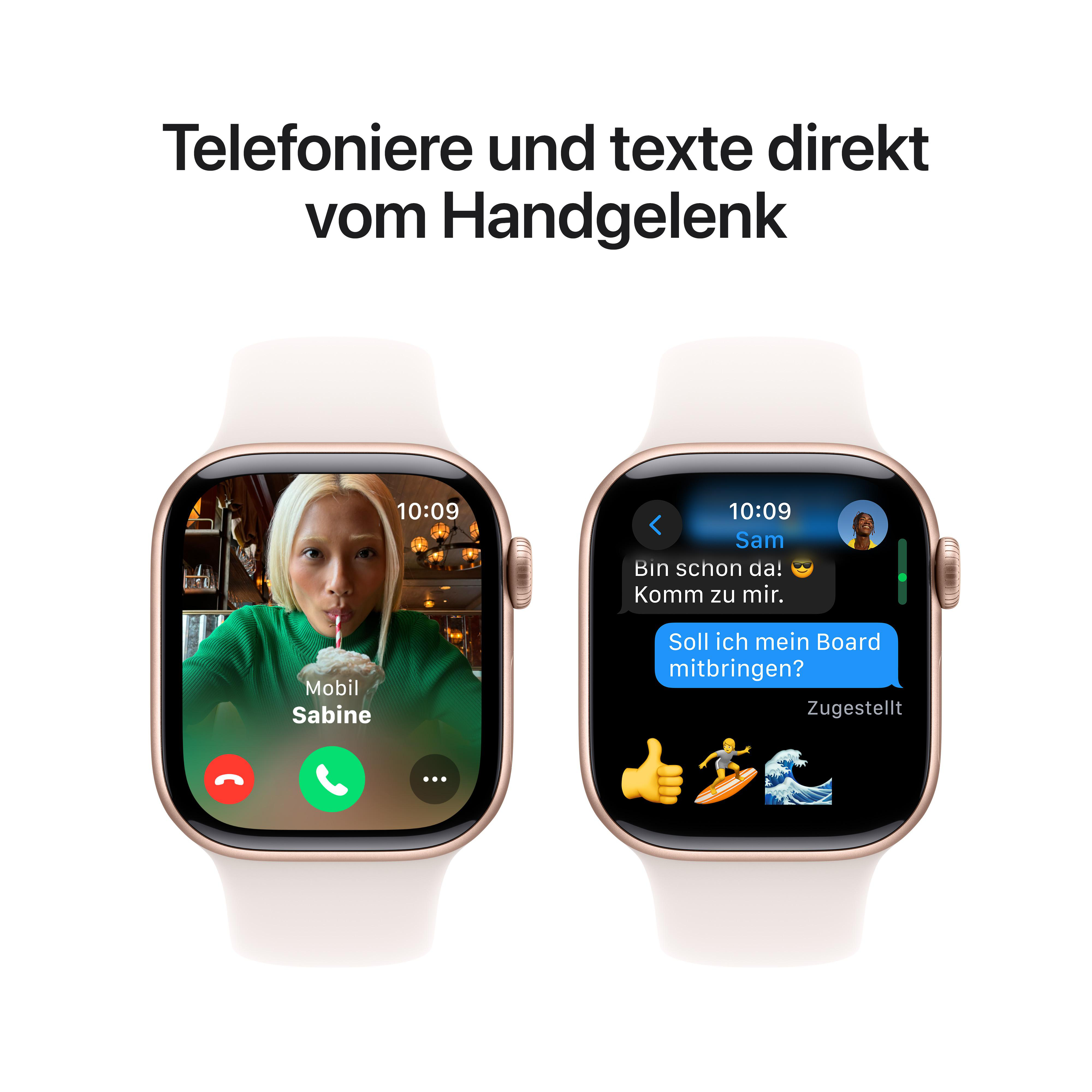 Zwei Smartwatches zeigen Videoanrufe und Textnachrichten. Beide haben goldene Gehäuse und weiße Armbänder.