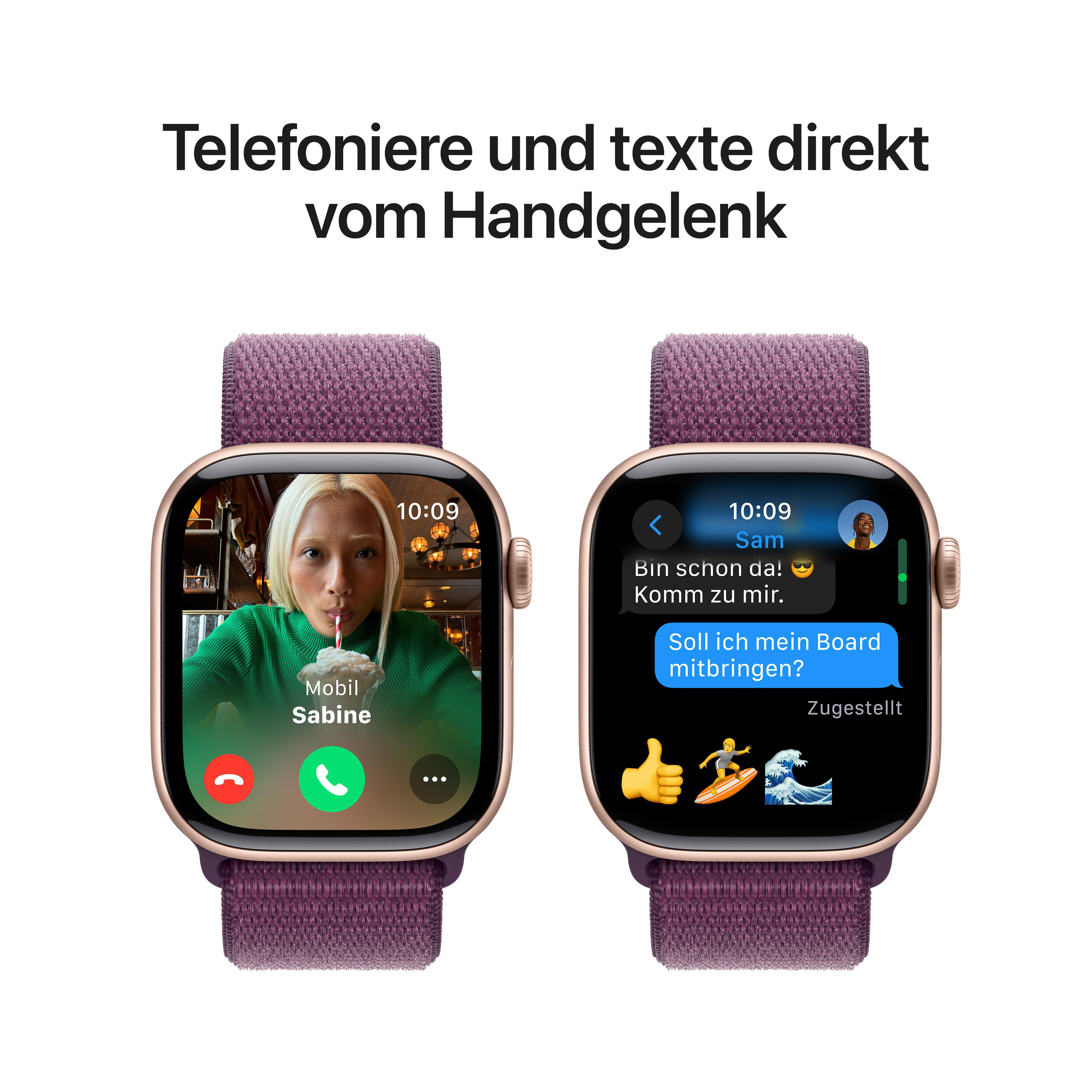 Zwei Apple Watches mit Textnachrichten auf dem Bildschirm. Eines zeigt einen Videoanruf.