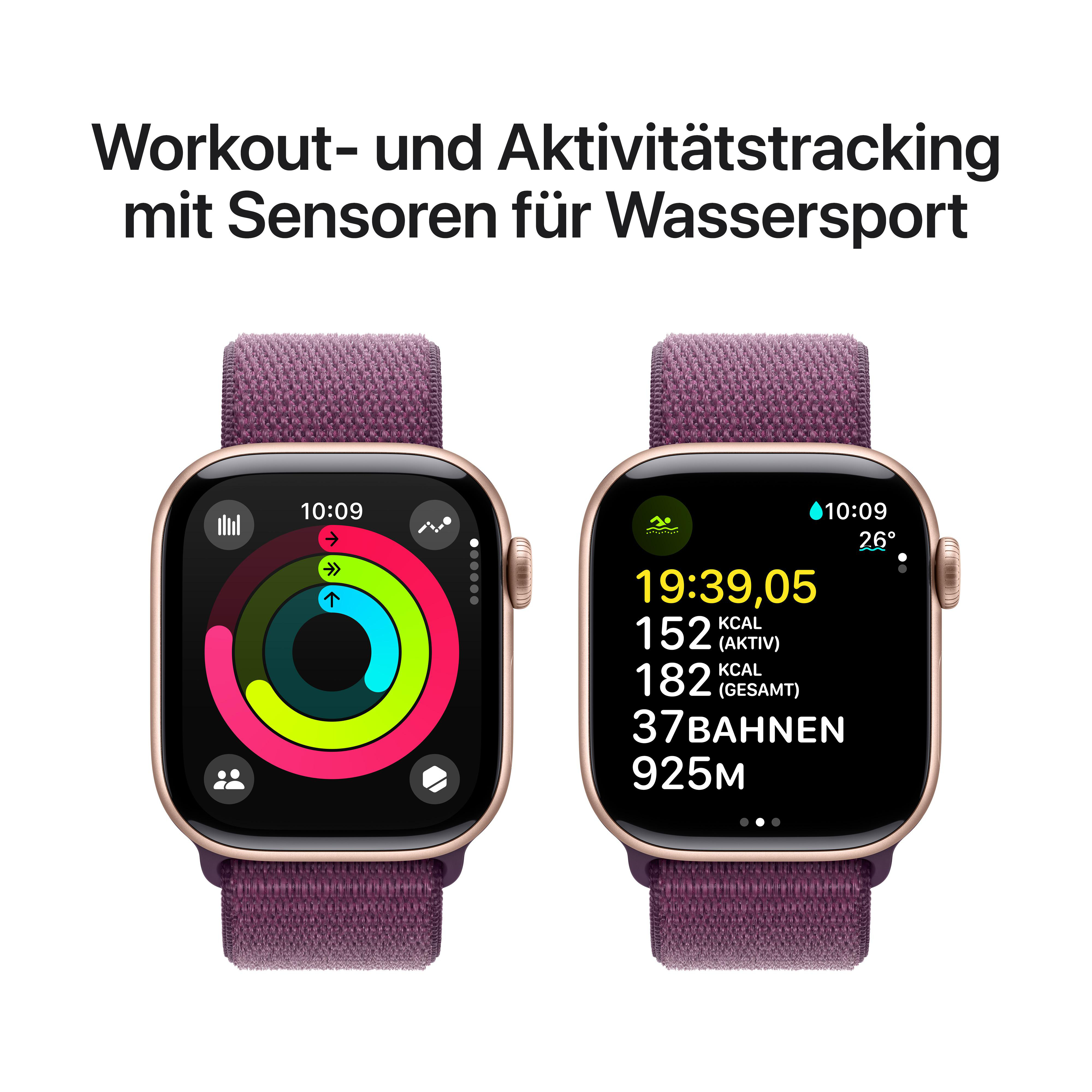 Zwei Apple Watches, die Trainingsdaten auf lila Armband anzeigen.