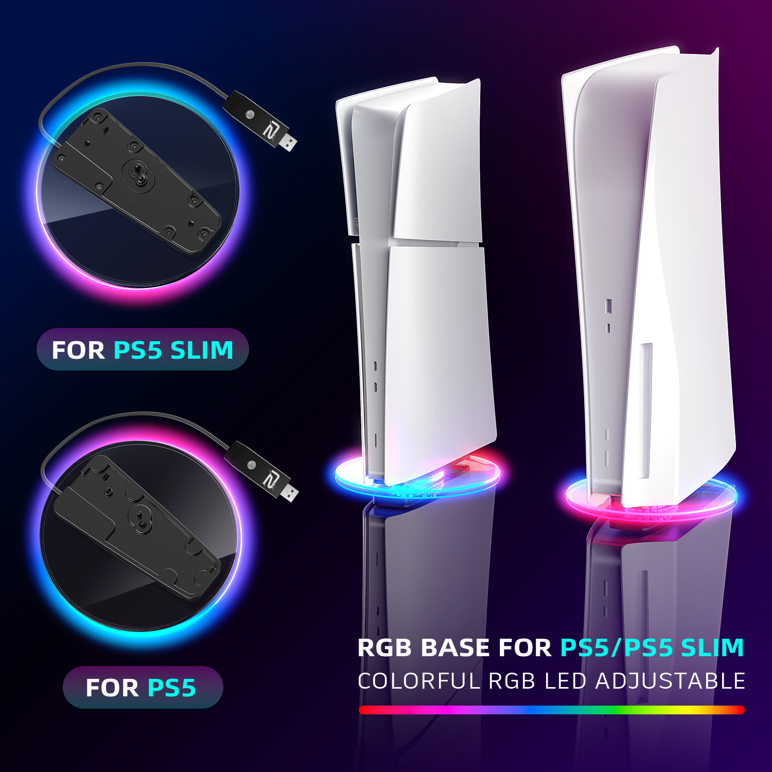 Ein Ständer für eine PS5 und PS5 Slim. Es hat eine farbenfrohe LED-Basis, die angepasst werden kann.