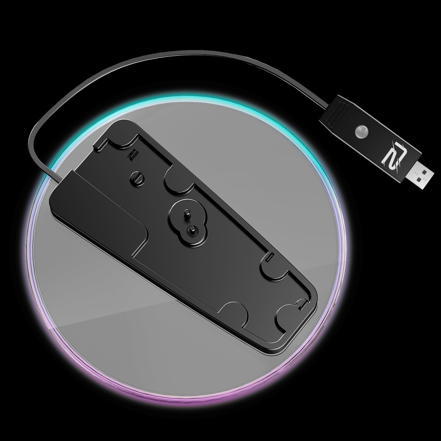 Schwarzes Gerät mit USB-Anschluss auf einem runden Ständer mit farbigem Leuchten.