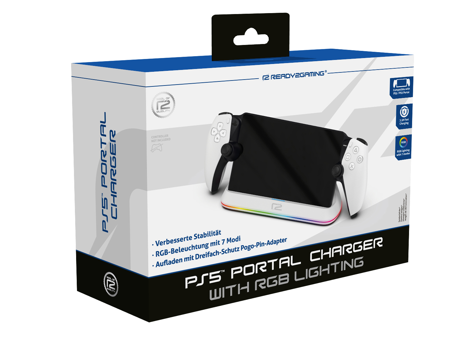 Verpackter weißer PS5 Portal Charger mit RGB-Beleuchtung. Enthält Ladegerät und Ständer.