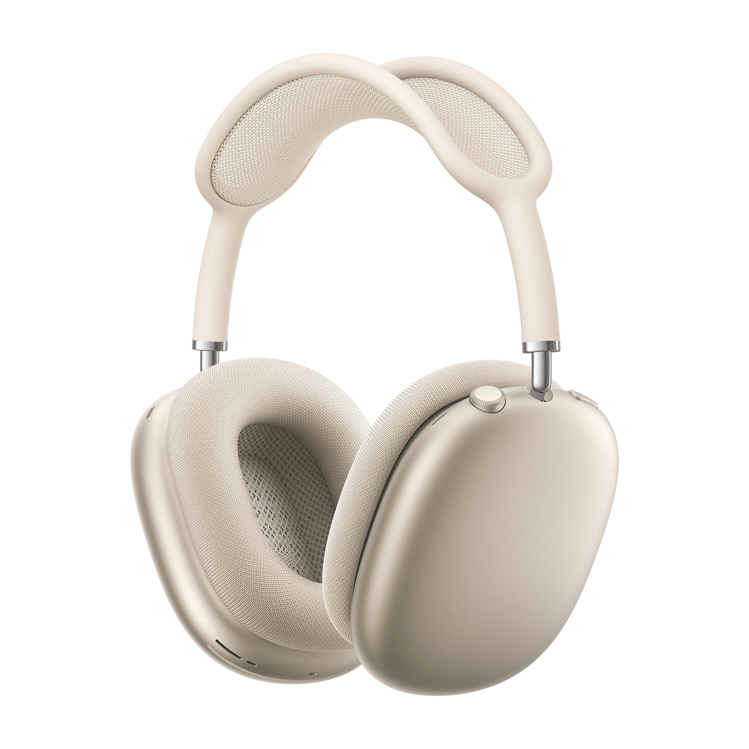 Cuffie Apple AirPods Max beige, design over-ear su sfondo bianco.