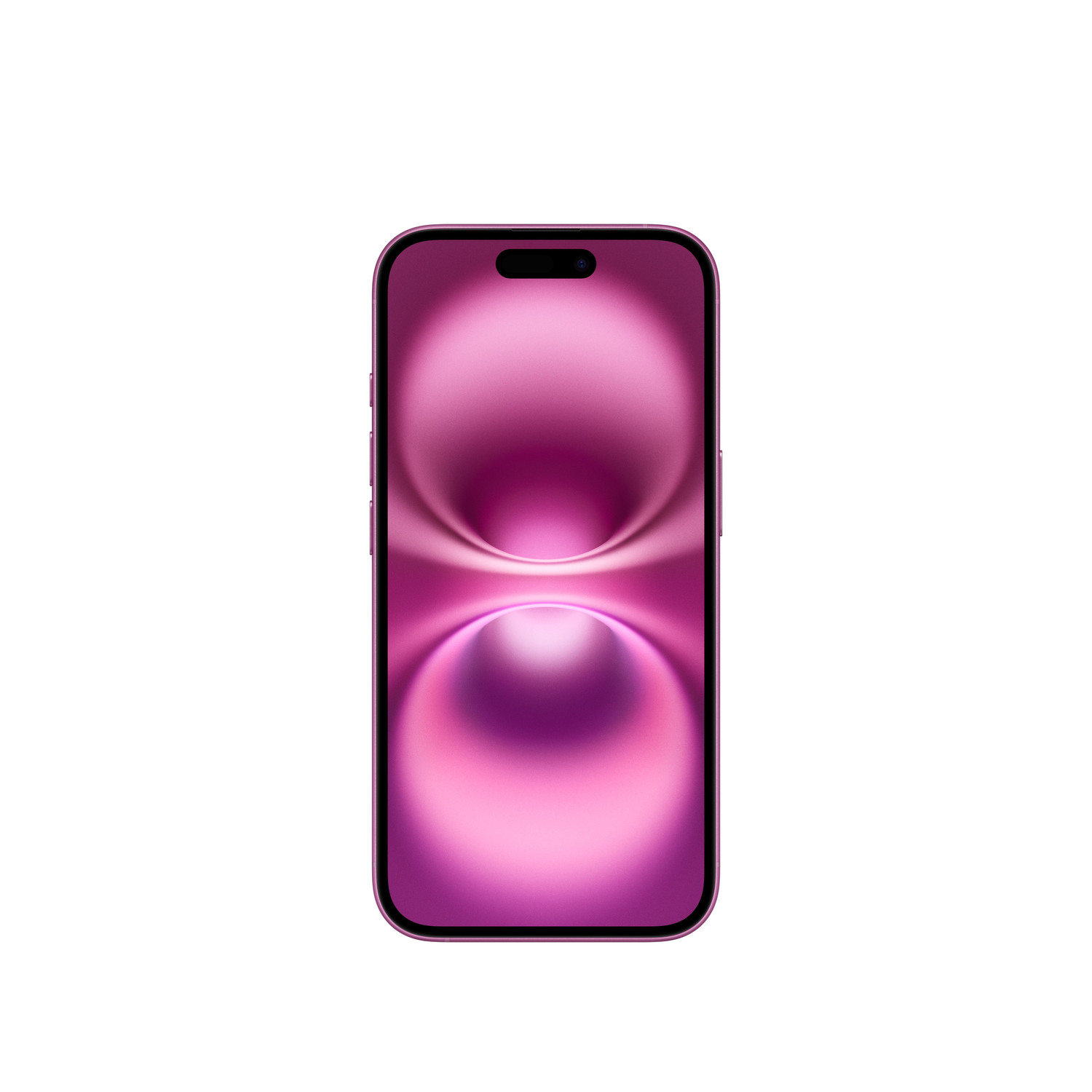 Vue de face d'un téléphone rose. Affiche l'écran avec un fond rose en forme de vague.