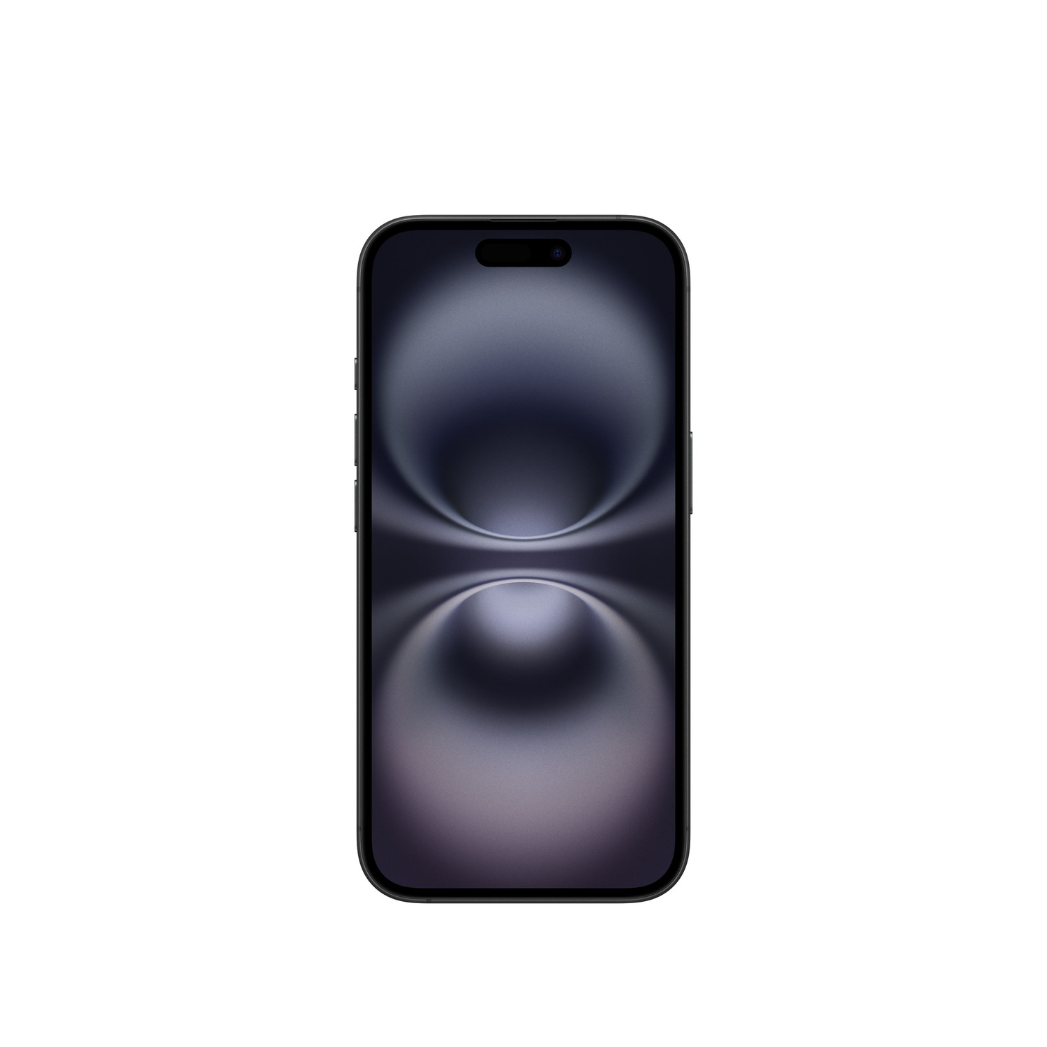 iPhone noir avec un écran sombre. L'écran affiche un design sombre et incurvé. Fond blanc.