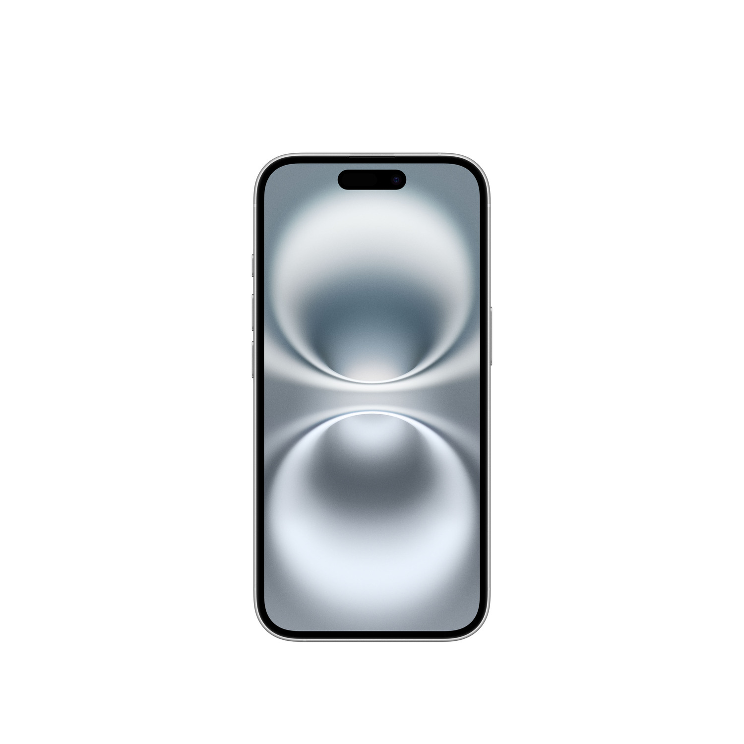 Téléphone blanc avec écran noir sur fond blanc.
