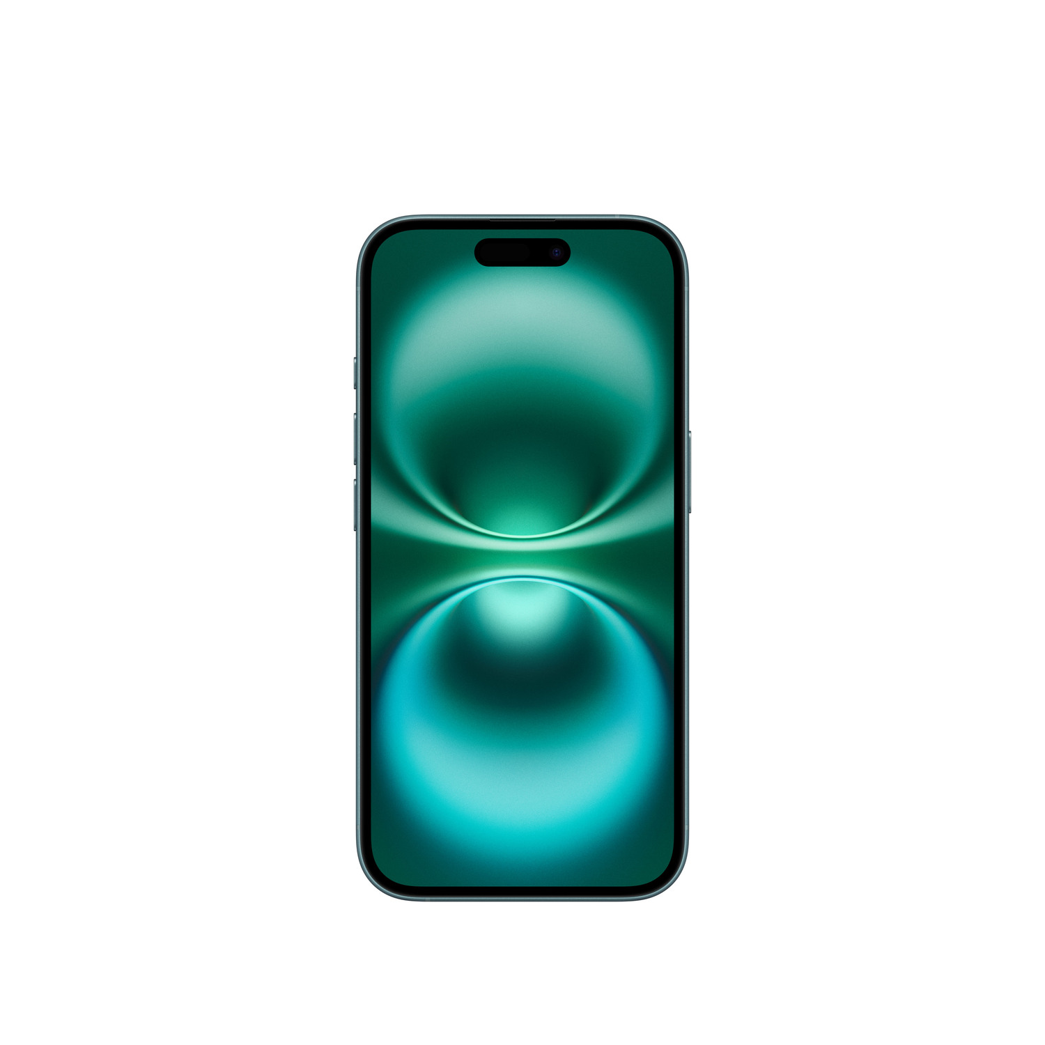 A smartphone displaying a turquoise and blue gradient abstract design on its screen, on a white background.