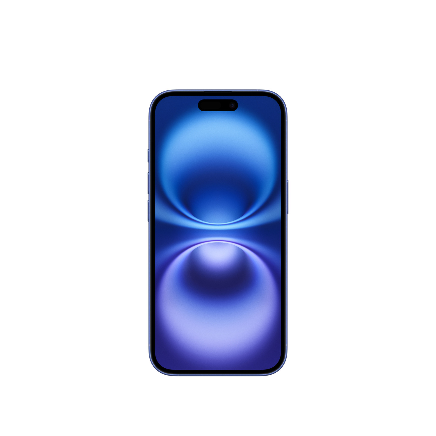 A blue iPhone with a full-screen display, showing a blue and purple gradient.