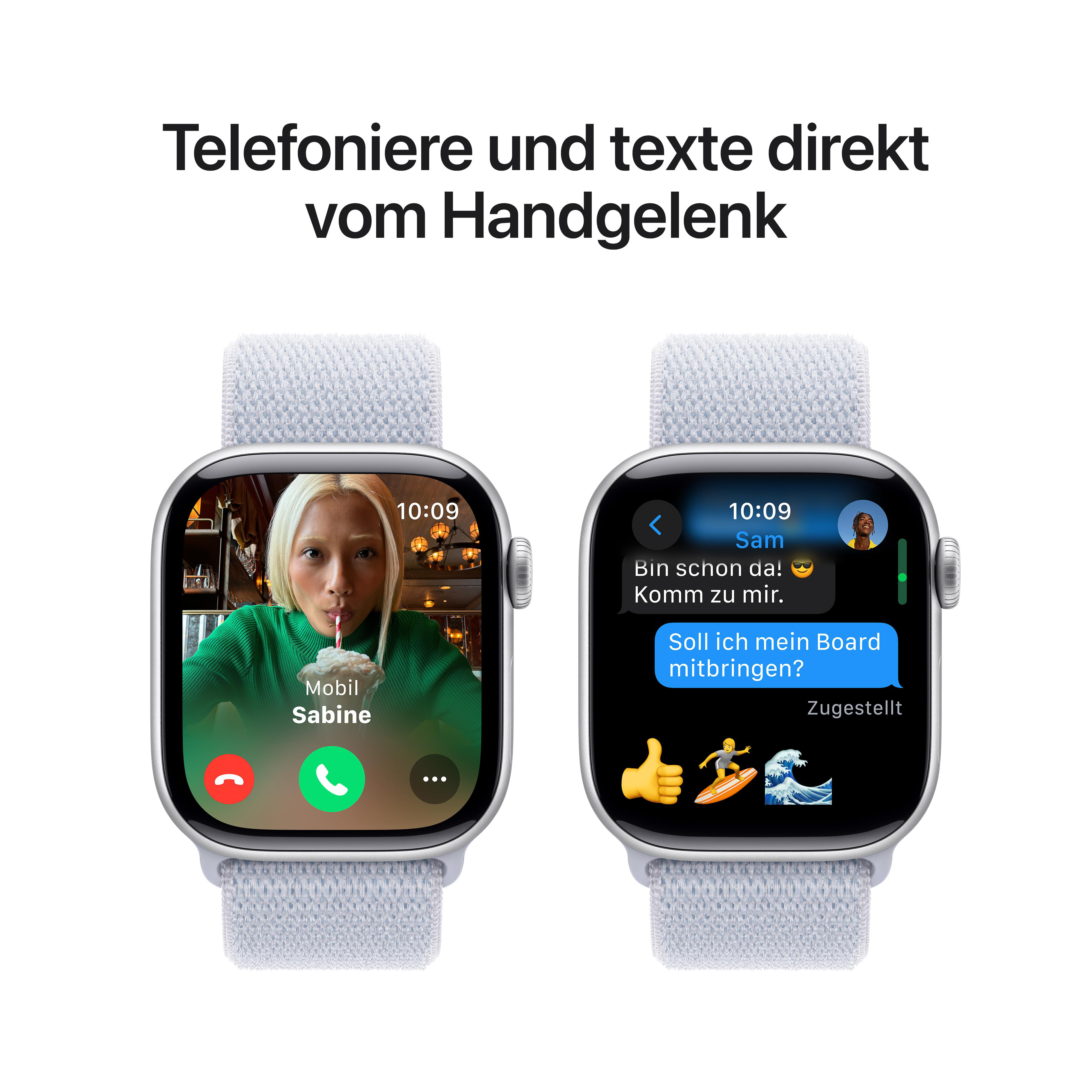 Zwei Smartwatches zeigen Bildschirme. Einer zeigt einen Videoanruf, der andere eine Textkonversation.