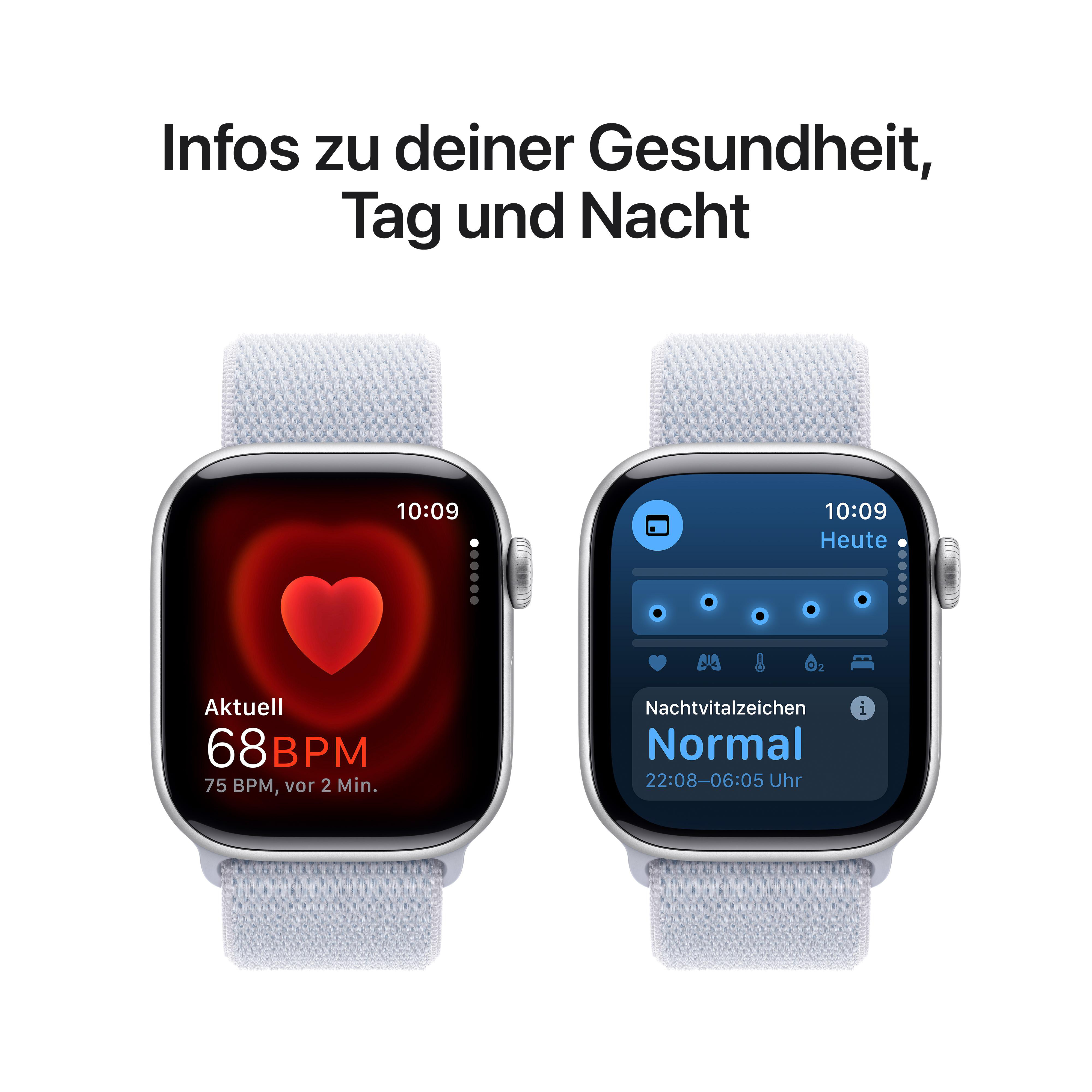 Zwei Smartwatches zeigen Gesundheitsdaten. Eine zeigt Herzfrequenz, die andere Schlafanalyse.