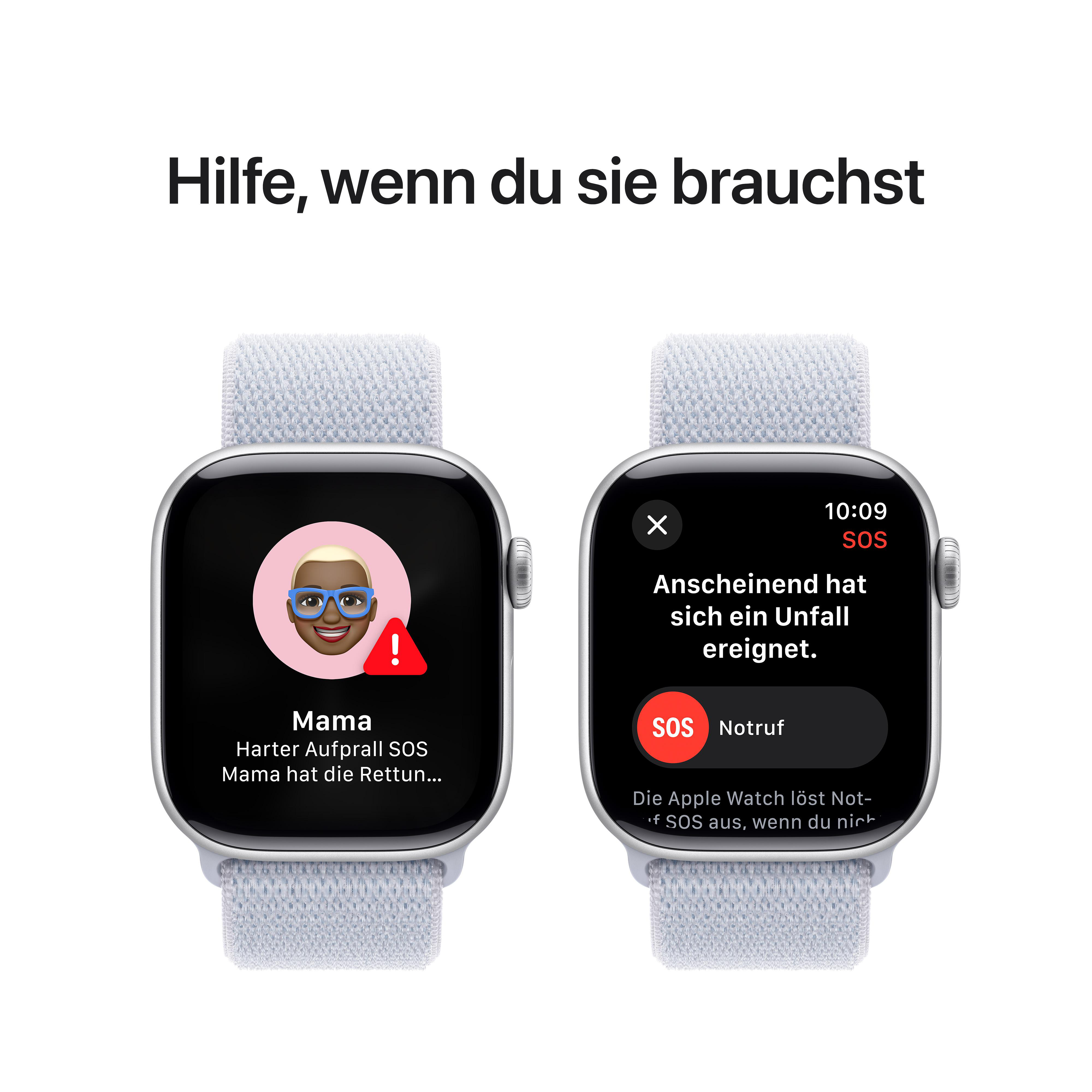 Zwei Apple Watches zeigen Notruf-SOS-Funktionen auf ihren Bildschirmen.