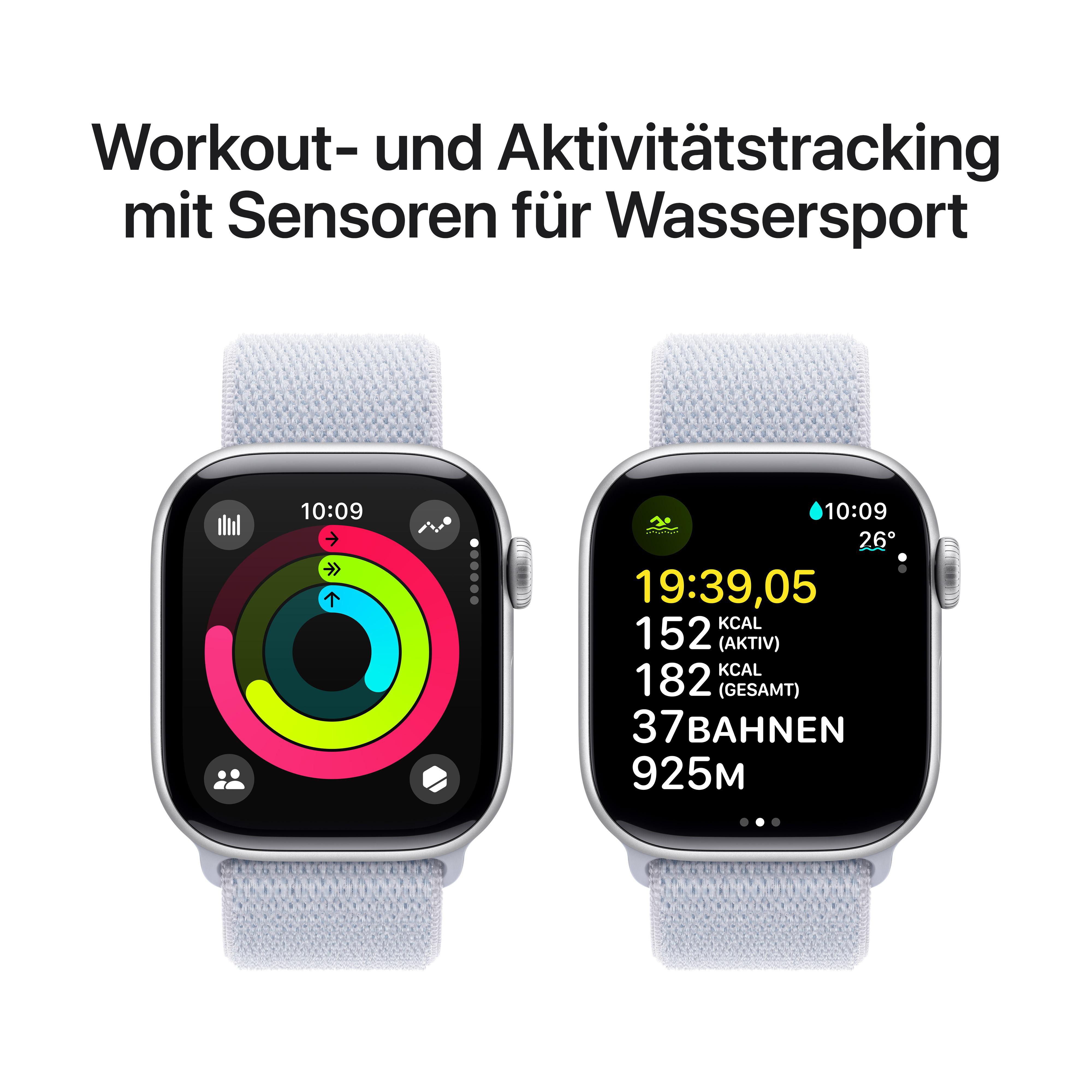 Zwei Smartwatches, die Aktivitäts- und Trainingsdaten auf weißem Hintergrund anzeigen.
