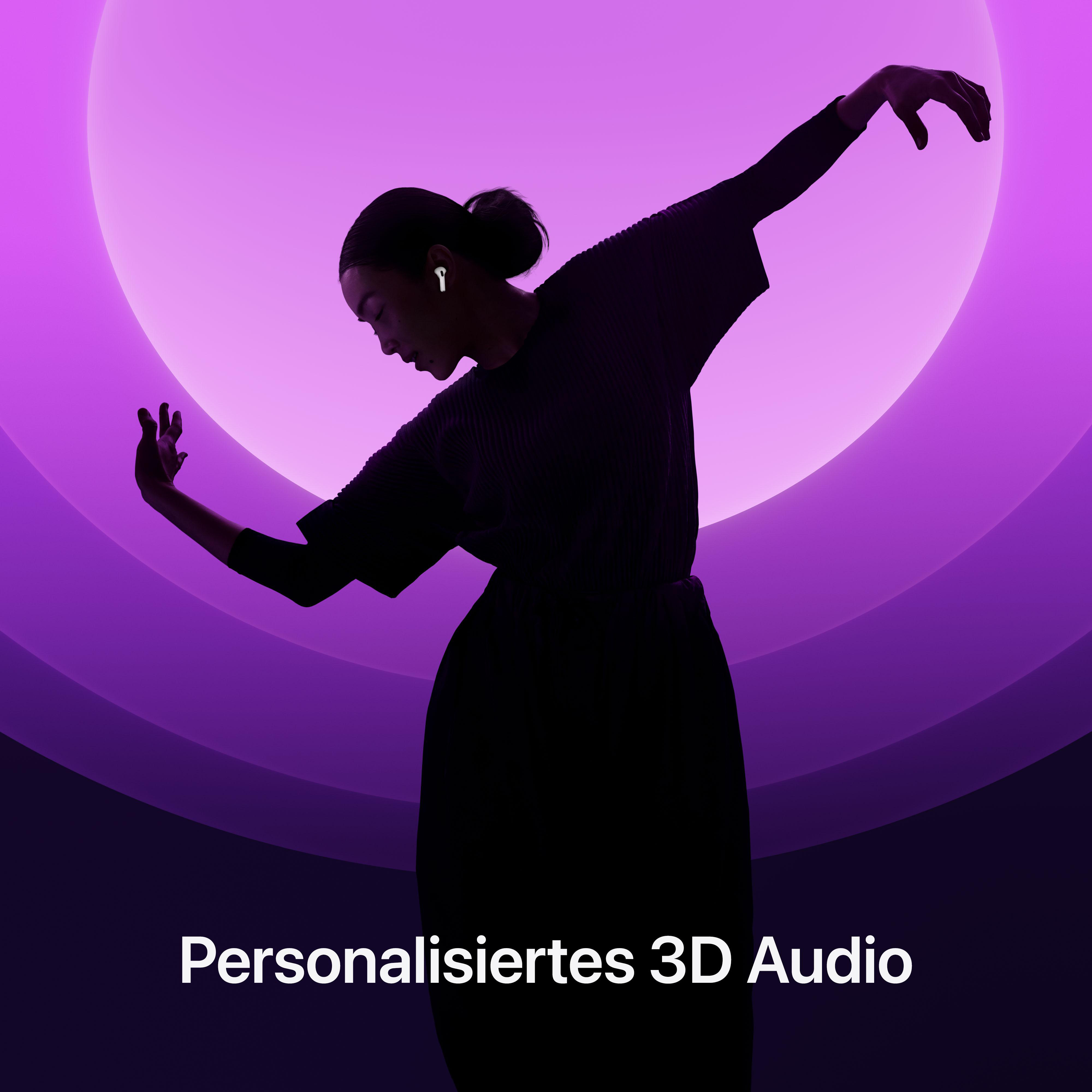 Silhouette einer Frau mit Ohrhörern, Arme ausgestreckt, violetter Hintergrund mit Kreis.