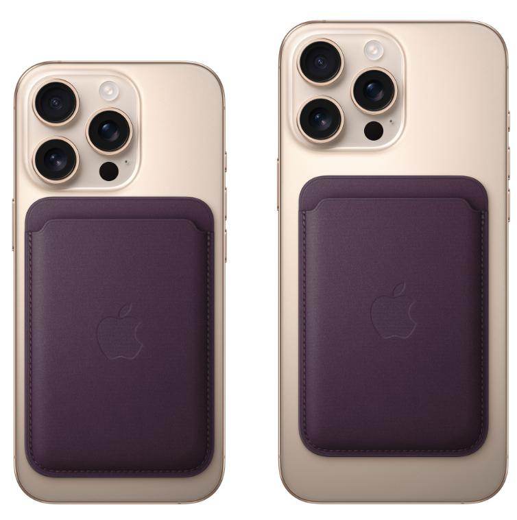 Dwa iPhone'y z dołączonym skórzanym portfelem z tyłu. Fioletowy portfel i złoty telefon. Białe tło.