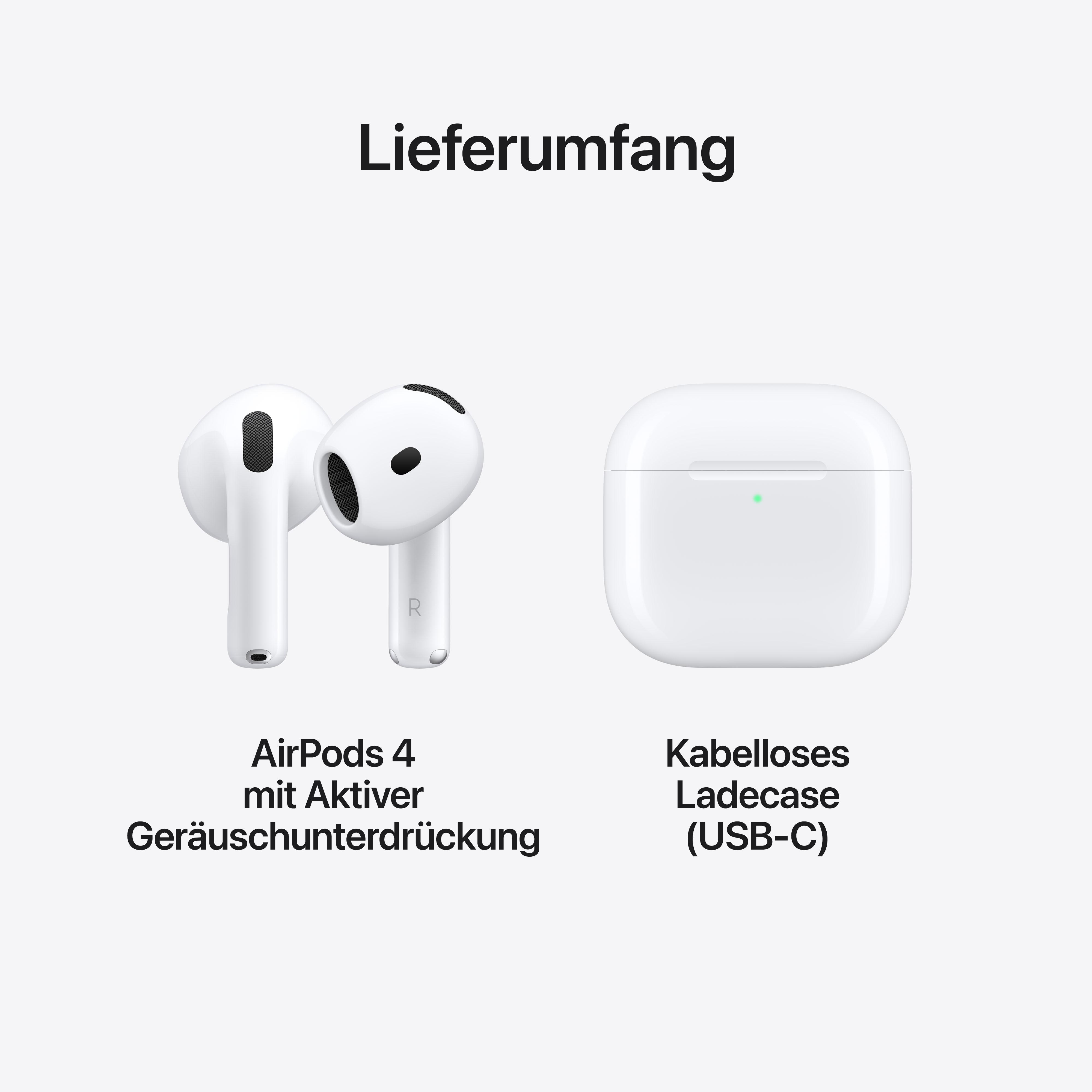 Weiße AirPods und Ladecase, mit dem Text „AirPods 4 mit aktiver Geräuschunterdrückung“.