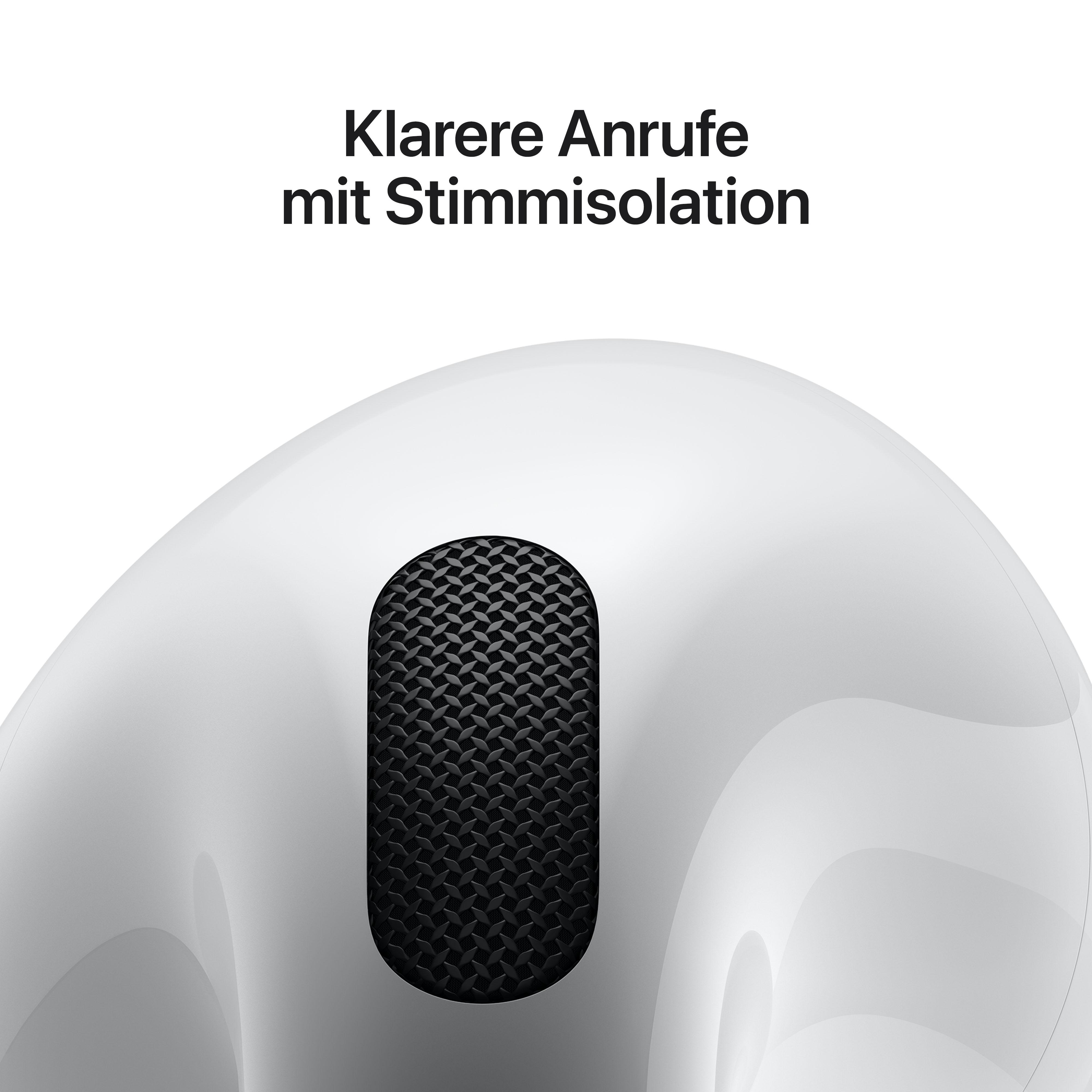 Weiße AirPods Pro, Nahaufnahme mit schwarzem Mesh, Text: Klarere Anrufe mit Sprachisolierung.