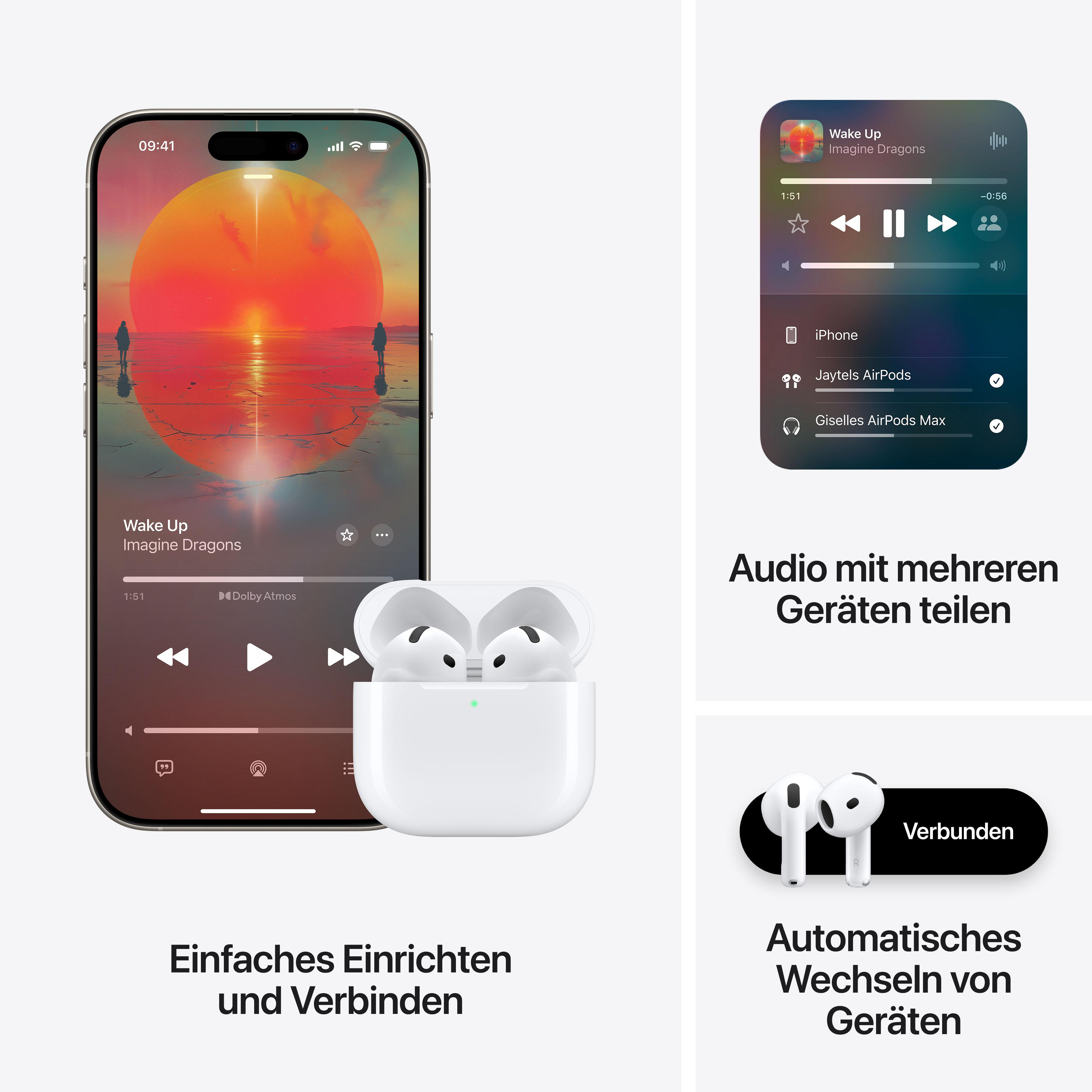 iPhone zeigt Musik-App-Oberfläche. AirPods im Case. Oberfläche zum Teilen von Audio mit mehreren Geräten wird gezeigt.