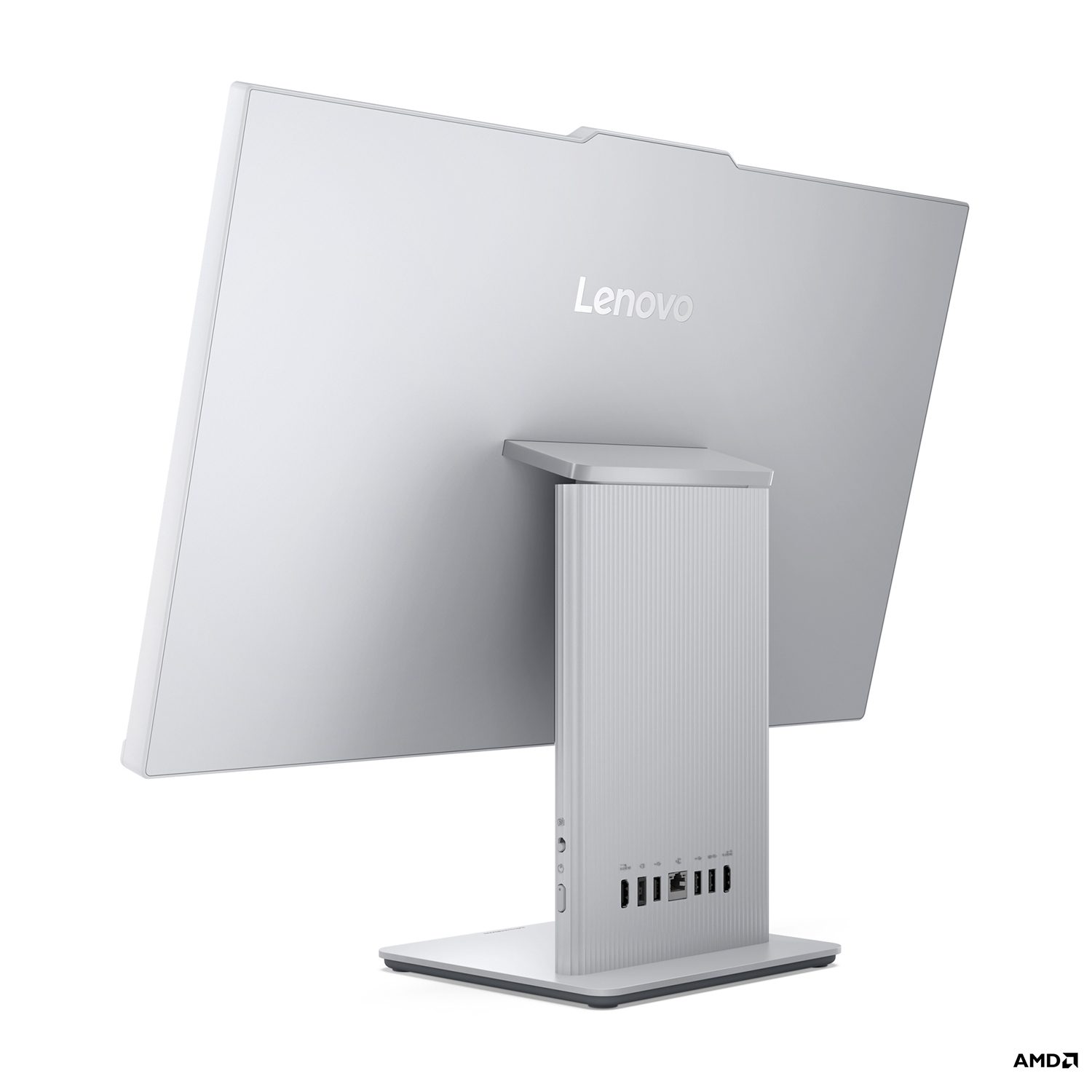 Un computer all-in-one Lenovo argento, vista posteriore, con porte e supporto.