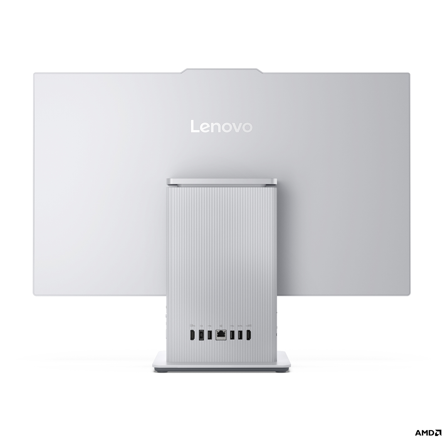 Il retro di un computer Lenovo all-in-one. È bianco con un supporto argentato e porte nella parte inferiore.