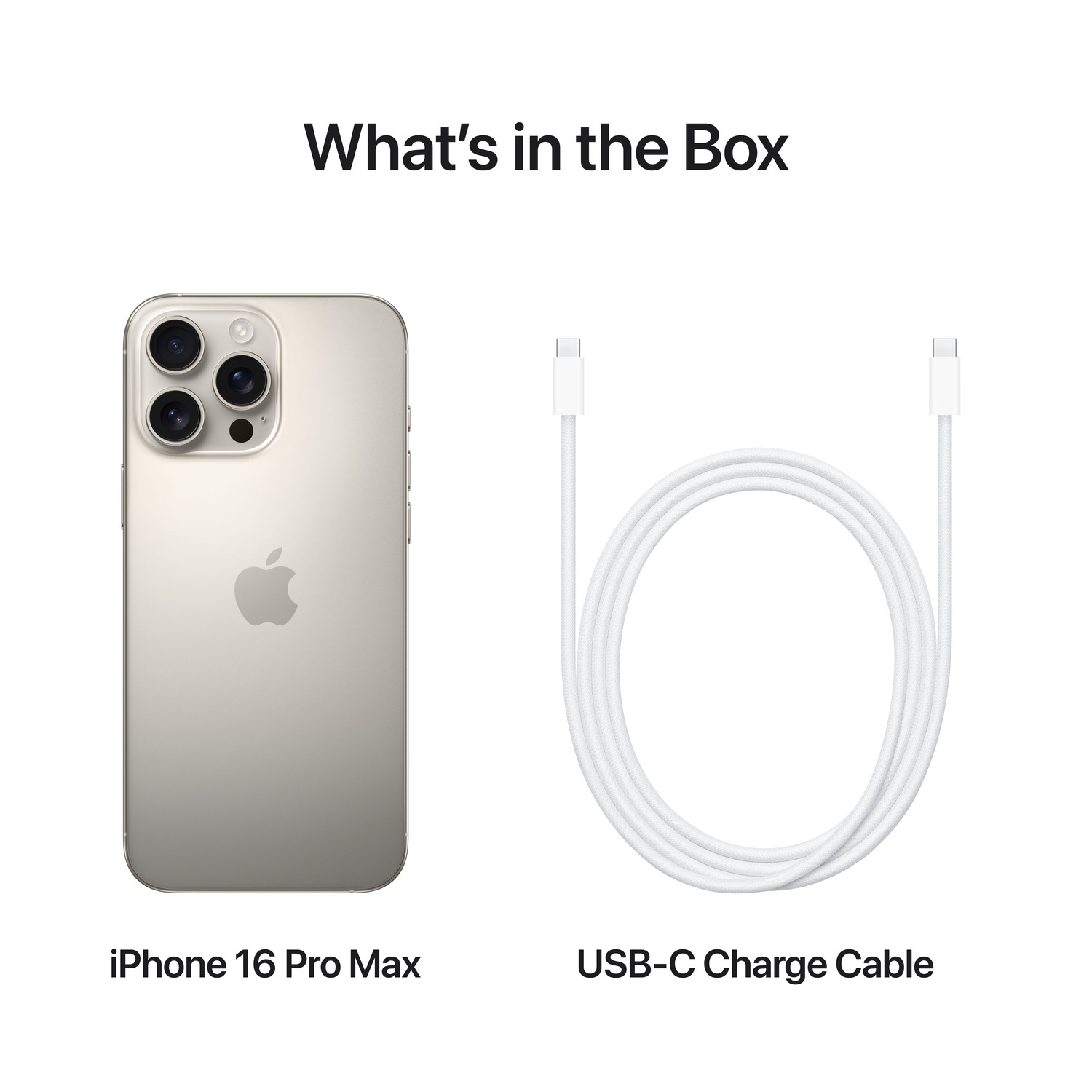 iPhone 16 Pro Max, câble USB-C blanc et texte indiquant « Qu'y a-t-il dans la boîte ».