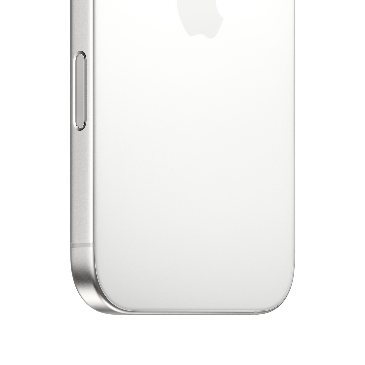 Gros plan du bas d'un iPhone blanc. Cadre argenté, dos blanc, bouton latéral visible.